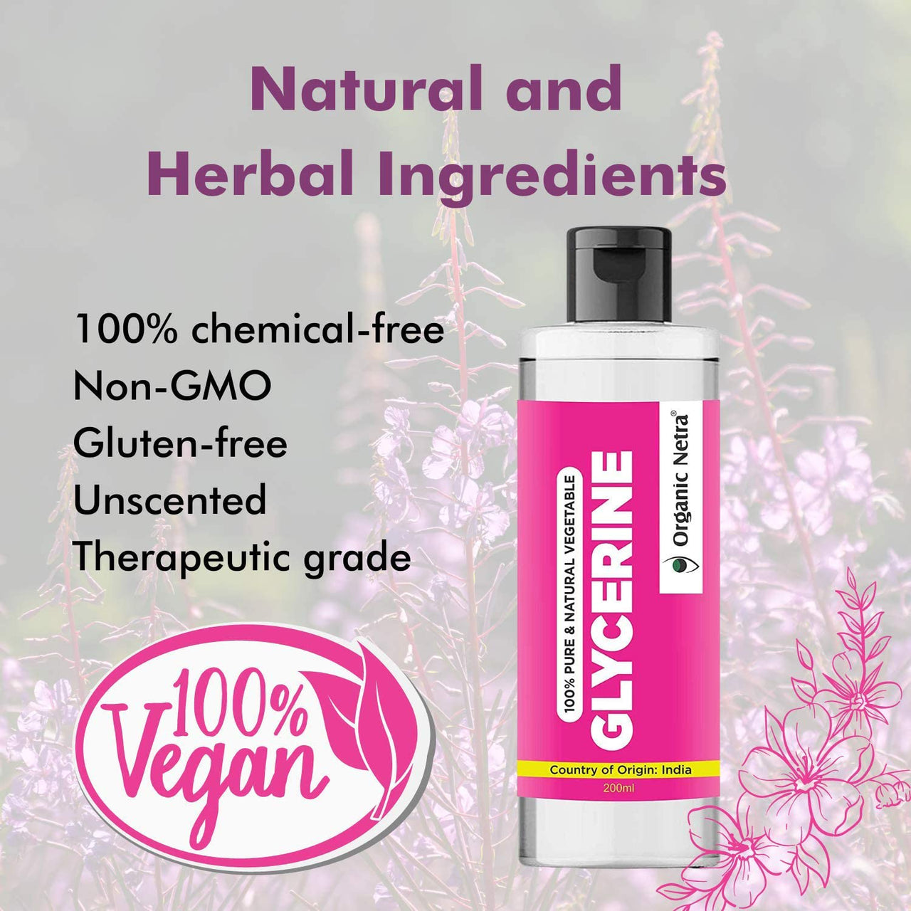 Organic Netra Glycerine for Face 200ml (Pack of 1) and Organic Netra Sindoor/Kumkum Paste | Waterproof Long lasting, Smudge Proof Sindoor | 8gm