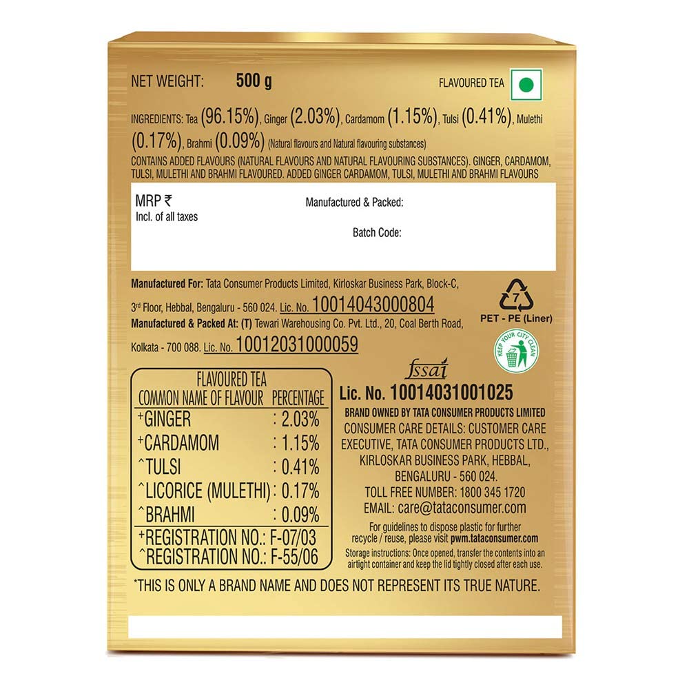 Tata Tea Gold Care 500 gram, Goodness Of Cardamom, Ginger Powder, Tulsi, Brahmi & Mulethi, Natural Ingredients, Exquisite Blend Of Tea, Rich In Taste, Black Tea