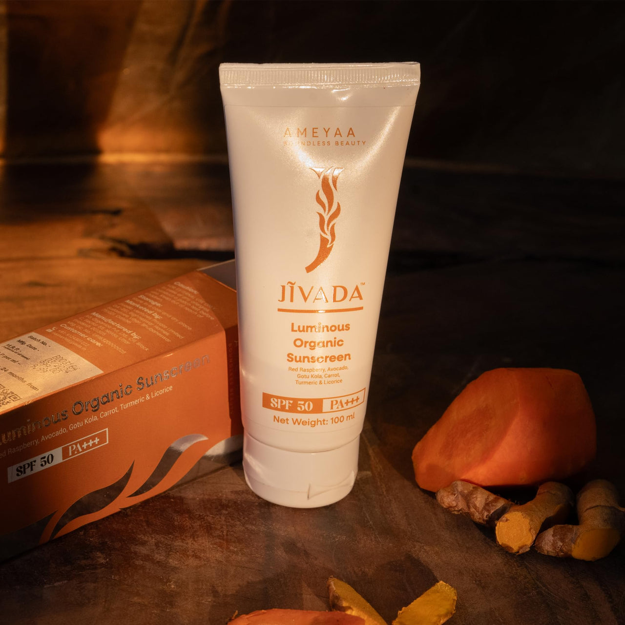 Jivada Luminous Organic Sunscreen with SPF 50+ PA+++ for UV A, UV B | HA, Ceramide, Red Raspberry & Gotu Kola | No White Cast|Carrot & Licorice |All Skin Types | Sulphate & Paraben Free | 100ml
