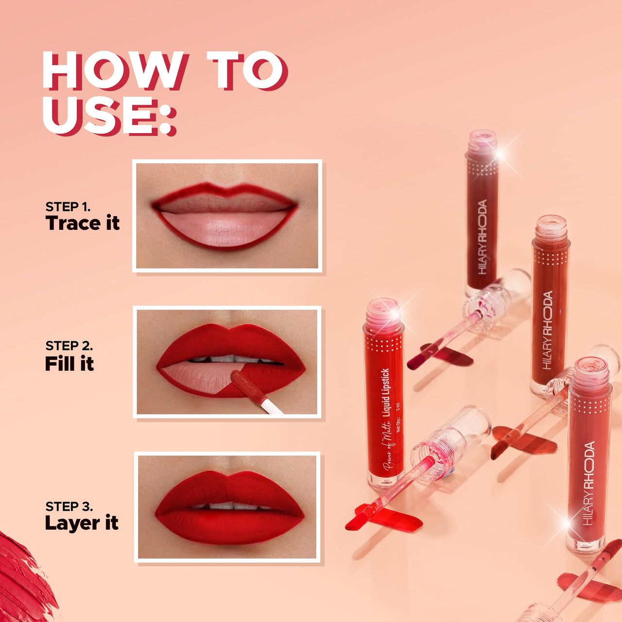 Hilary Rhoda Power Of Matte Liquid Lipstick | Buildable Colour | Long Lasting & Matte Finish | Lightweight & Non-Drying Formula | Smudge Proof & Non-Transferable | 3ml (Pink Candy - Shade 05)