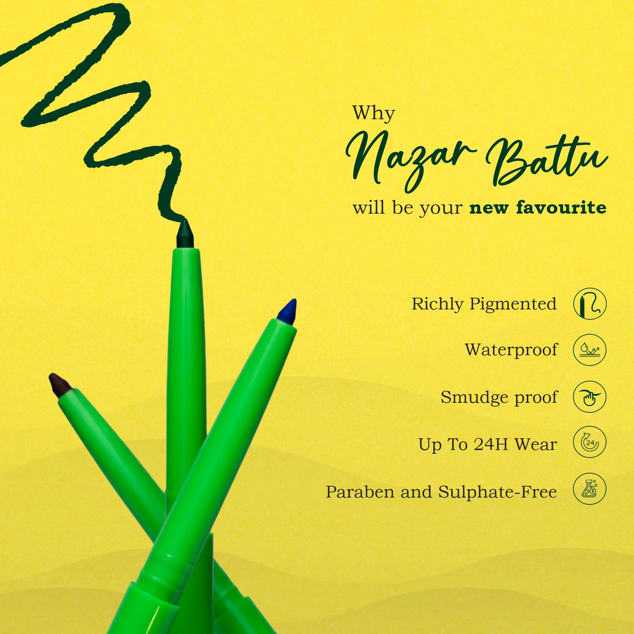 Clumsy Cat Eyes Kajal Pencil for Women - Enriched with Almond Oil & Vitamin E | Long Lasting, Smudge Proof & Waterproof | Smooth & Soft | Use as Kajal or Eyeliner - Nimbu Mirchi (Green)