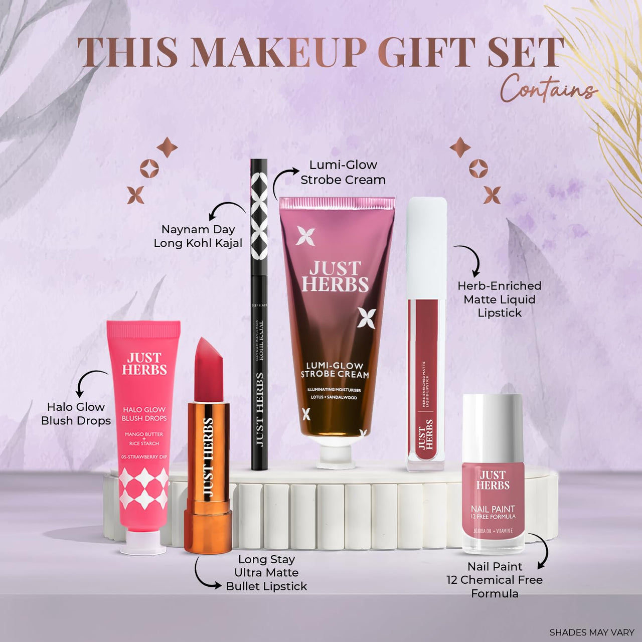 Just Herbs Perfect Gifting Glam Makeup Essentials Eid Gift Set with Blush Drops | Kajal | Ultra Matte Lipstick | Strobe Cream | Liquid Lipstick and Nail Paint for Women 200g