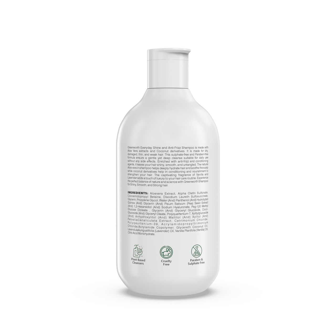 GREEN WORTH GREENWORTH Everyday Shine Anti-Frizz Shampoo For Dry Damaged Thin Hair | Sulphate Free And Paraben Free | With Aloevera & Coconut | For Unisex | Lavender & Vanilla Essential Oil | 300 Ml