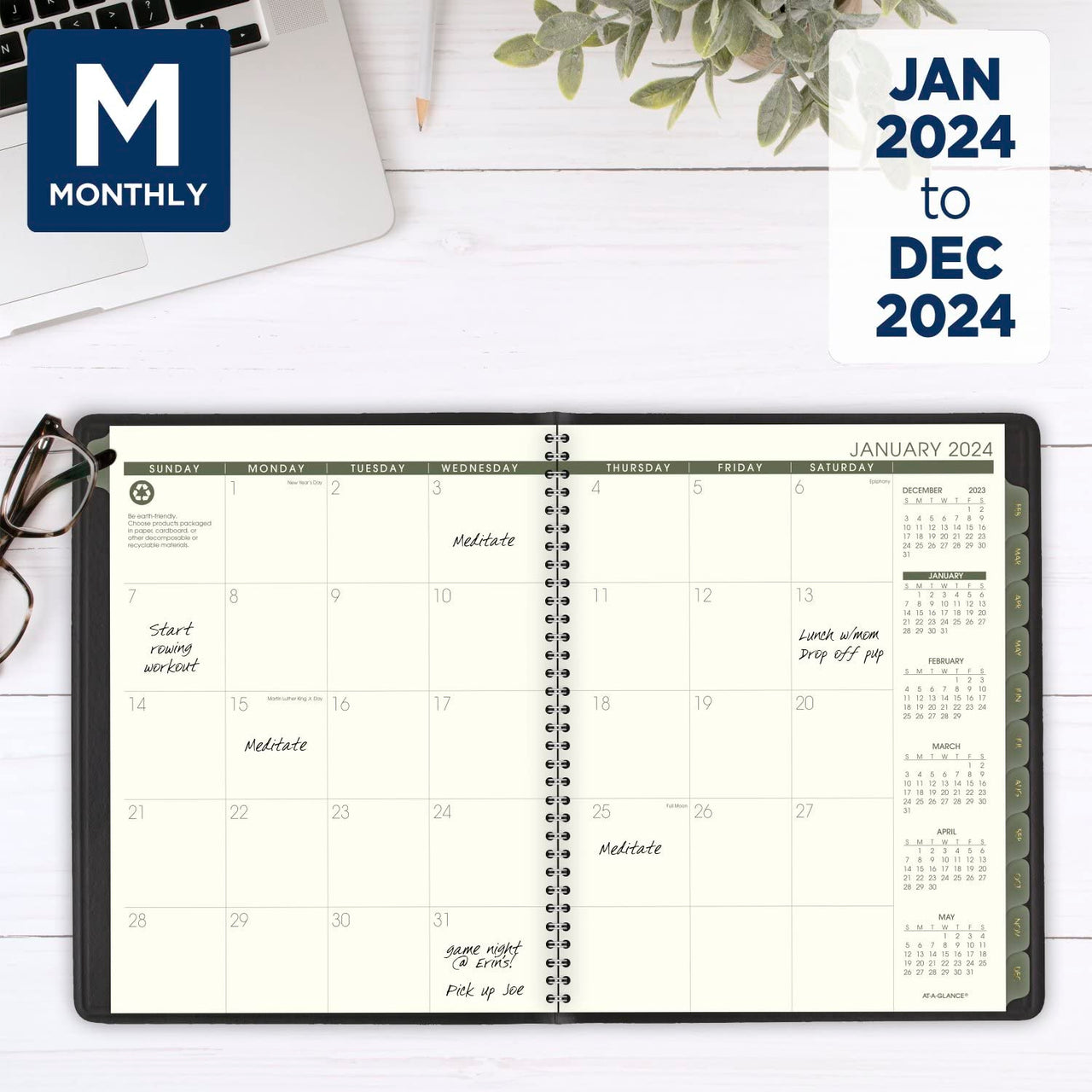AT-A-GLANCE 2024 Weekly & Monthly Planner, Quarter-Hourly Appointment Book, 8-1/4" x 11", Large, Recycled, Black (70950G0524)