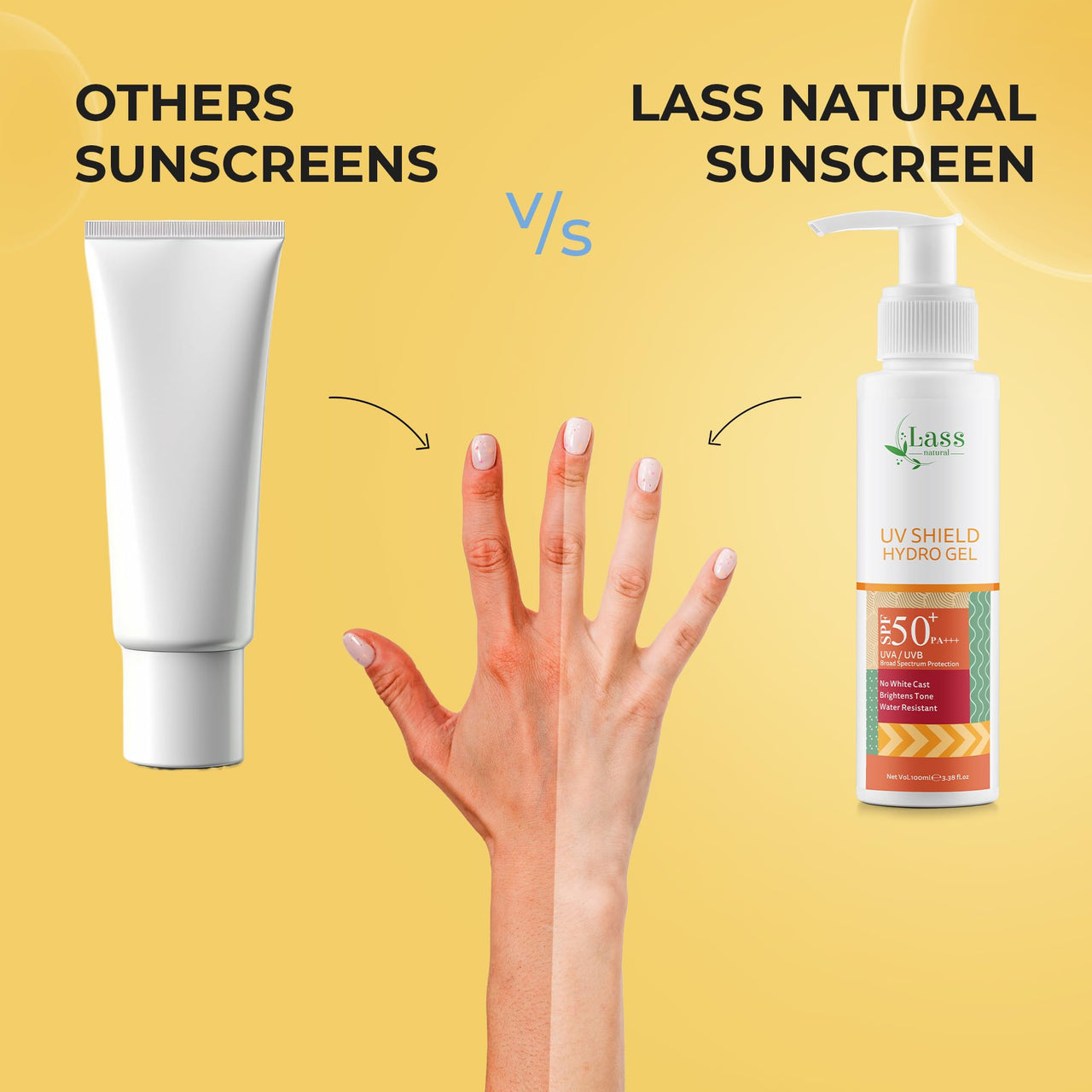 Lass Natural UV Shield Hydro Gel Sunscreen SPF 50+ PA+++ | Aqua Gel Sunscreen for Dry, Normal & Sensitive Skin | Broad Spectrum Protection | No White Cast | For Men & Women | 100gm