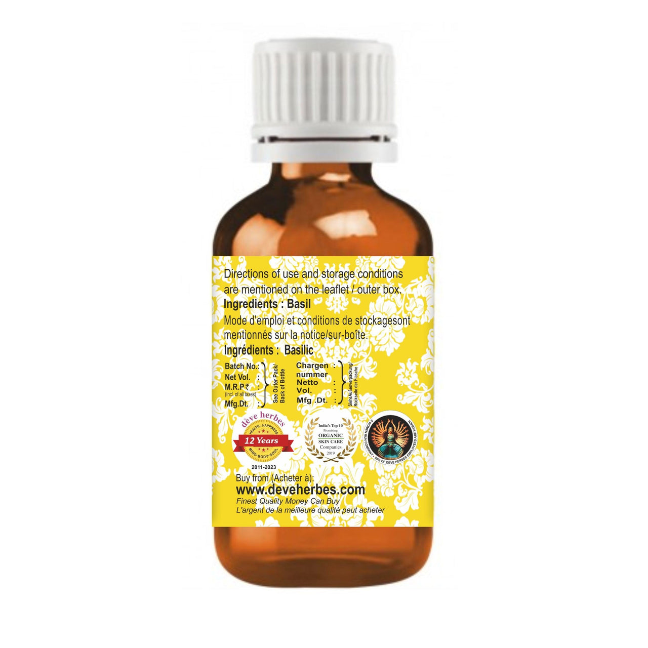 Deve Herbes Pure Basil Essential Oil (Ocimum basilicum) Steam Distilled 15ml