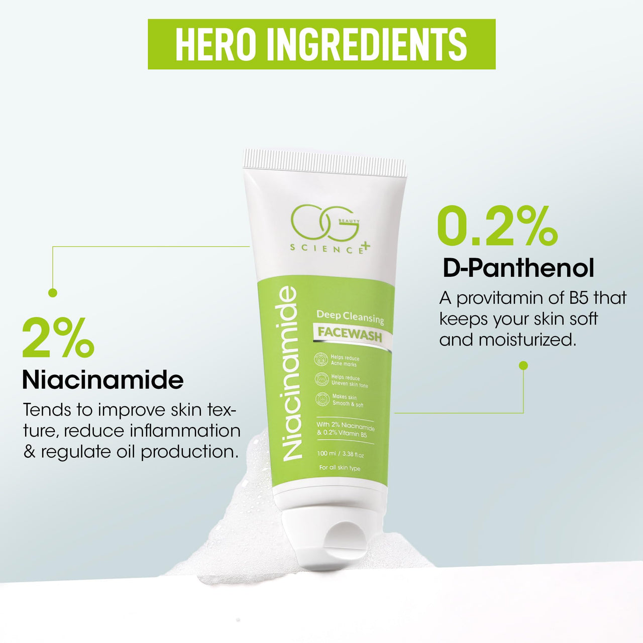 OG BEAUTY Science Niacinamide Face Wash 100ml | 2% Niacinamide & 0.2% Vitamin B5 | Clear, Radiant Skin | Daily Use & Gentle Cleansing