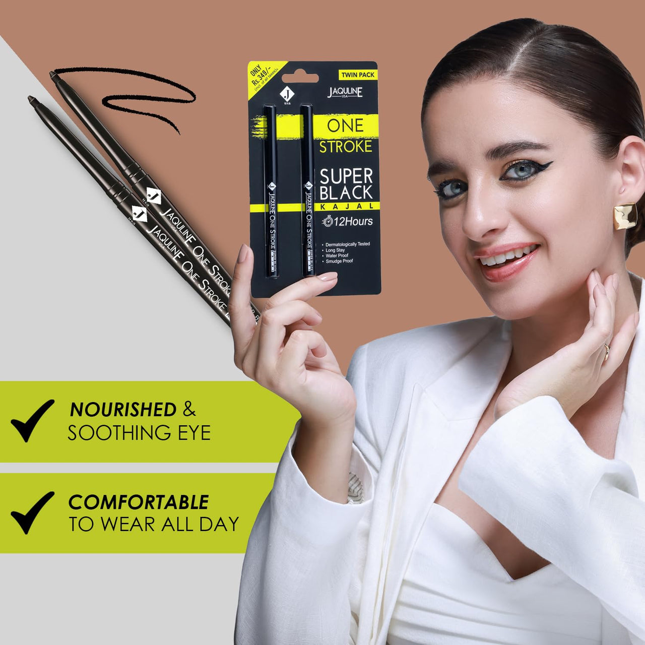 Jaquline USA Onestroke Super Black Kajal Twin Pack, Smudge Proof, Water Proof, Black, Matte Finish (Pack Of 2)