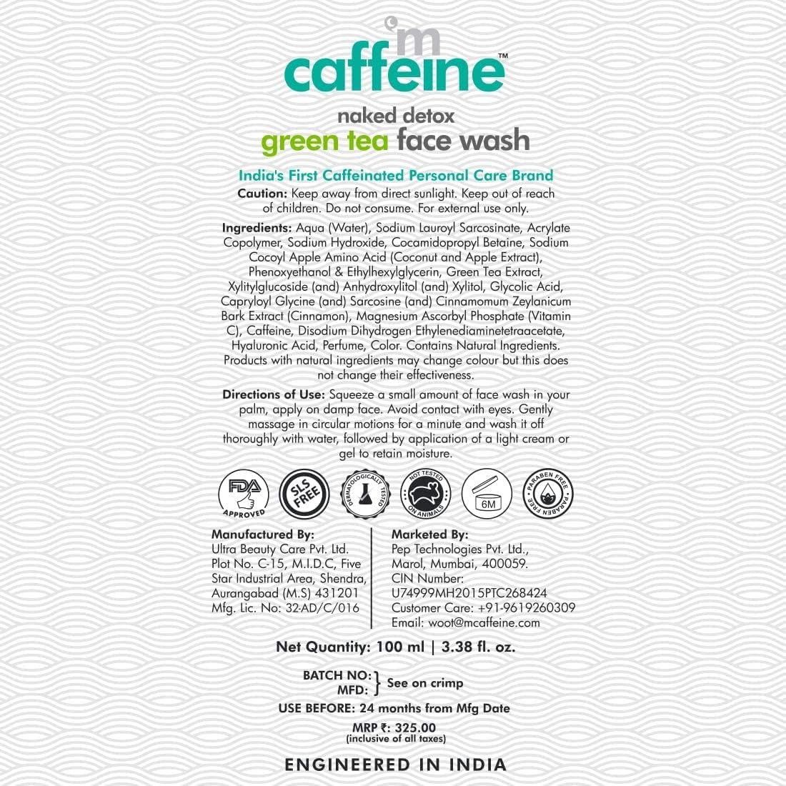 mCaffeine Vitamin C Face Wash for Women with Green Tea & Hyaluronic Acid | Oil Control Face Wash for Oily Skin, Normal Skin & Dry Skin | Natural Detoxifying Face Wash - Rich in Antioxidants | 100ml