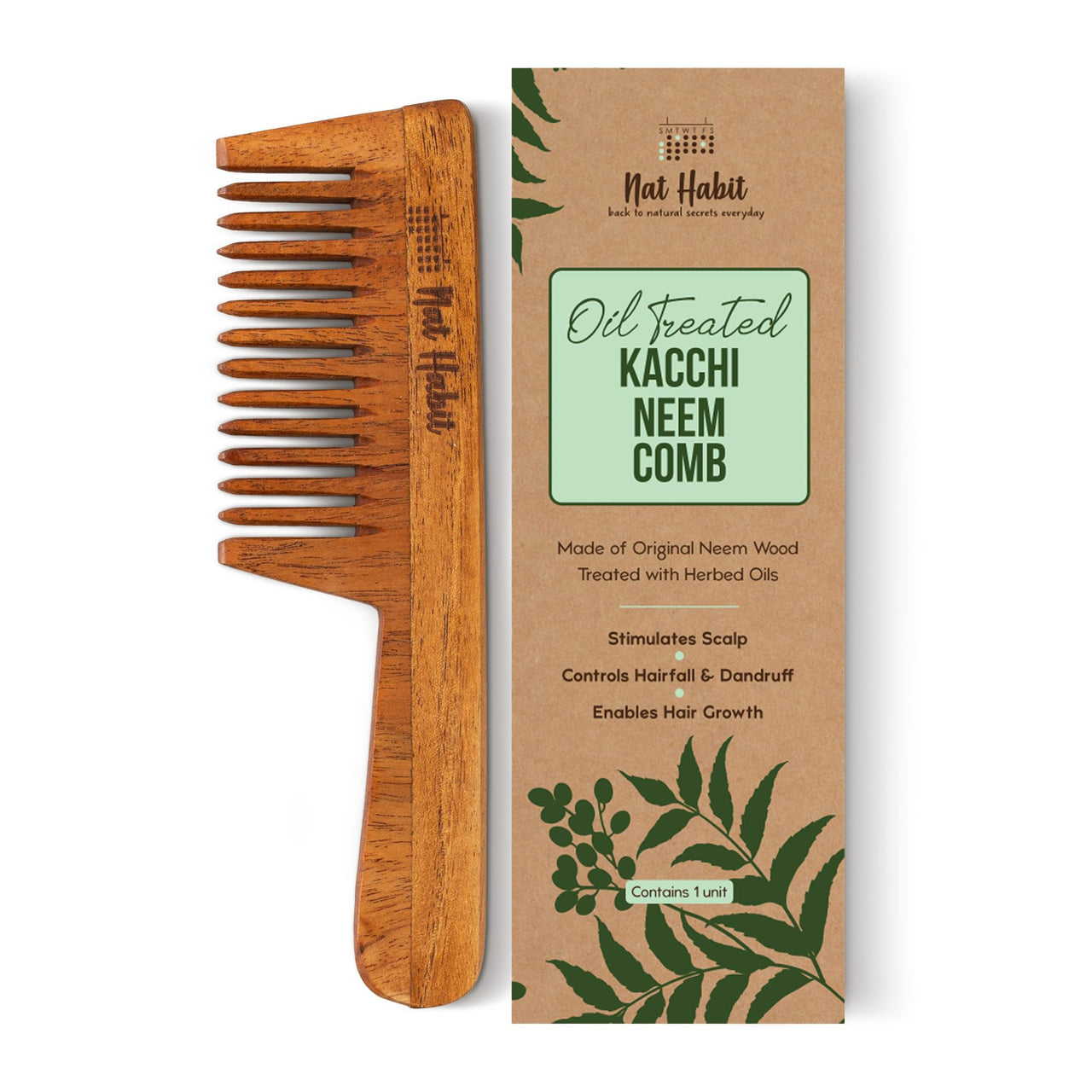 Nat Habit - Kacchi Neem Wooden Comb - Soaked In 17 Herbs Neem & Sesame Oil For Multi-Actions - Deta,Nat Habit Kacchi Neem Wooden Comb - Soaked In 17 Herbs, Neem & Sesame Oil For Multi-Actions - Detan