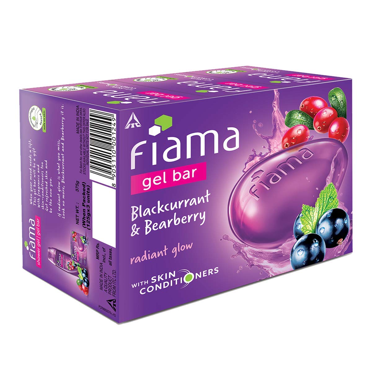 Fiama Gel Bar Blackcurrant And Bearberry for Radiant Glowing Skin, 375g (125g - Pack of 3), with Skin Conditioners, Soap for Women & Men, For All Skin Types