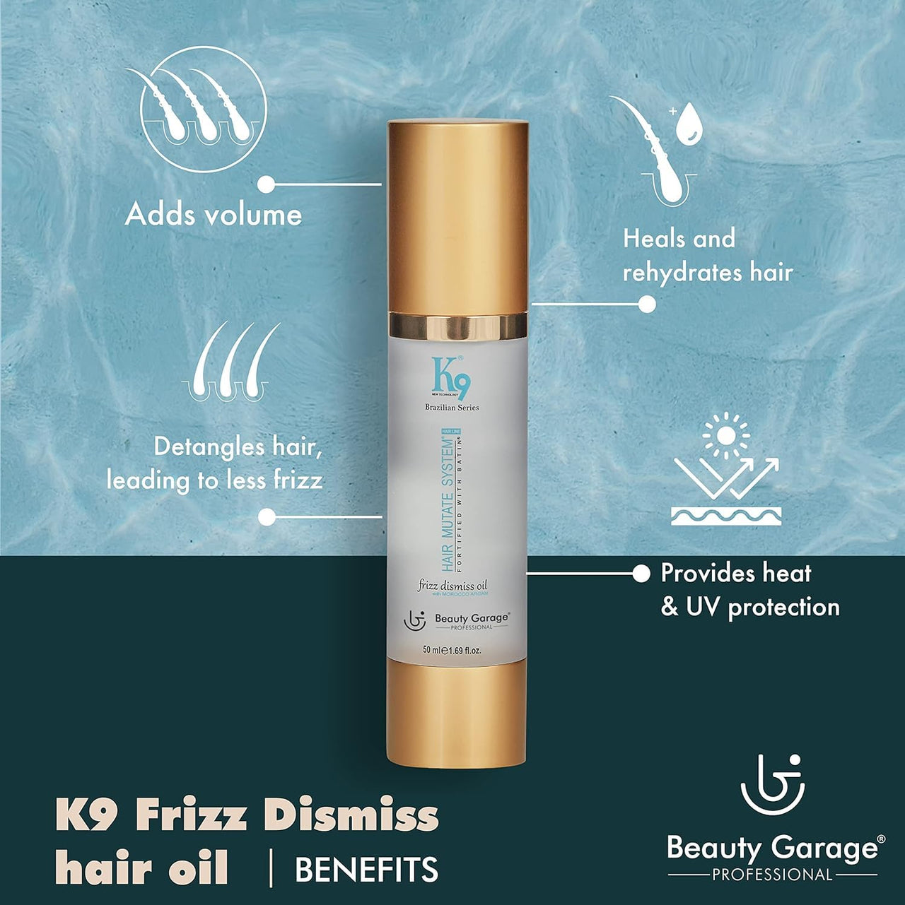 Beauty Garage K9 Frizz Dismiss Hair Oil, 100 ml Anti Dandruff Hair Oil with Morocco Argan & Camellia for Smooth and Manageable Hair, Unscented, Daily Hair Care