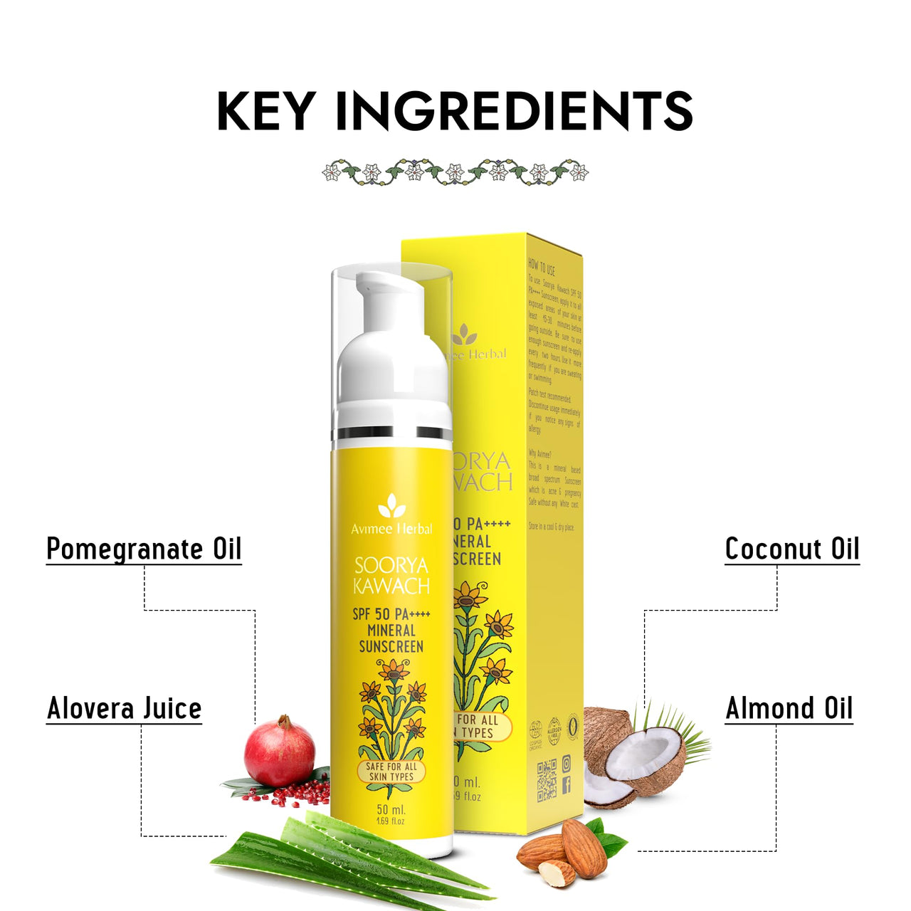 AVIMEE HERBAL Soorya Kawach Spf50 Pa++++ Mineral Sunscreen For All Skin Types| 100% Mineral Sunscreen For Broad Spectrum Uva, Uvb & Blue Light Protection | No White Cast | For Men & Women | 50Ml