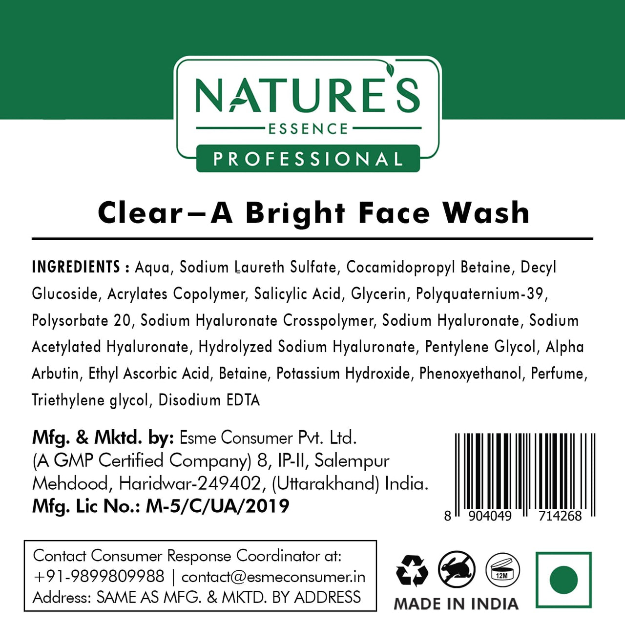 Nature's Essence Professional Facialist Clear-A Bright Face Wash for women| 2% Salicylic Acid Complex & Vitamin C | Oily & Acne-Prone Skin |100g