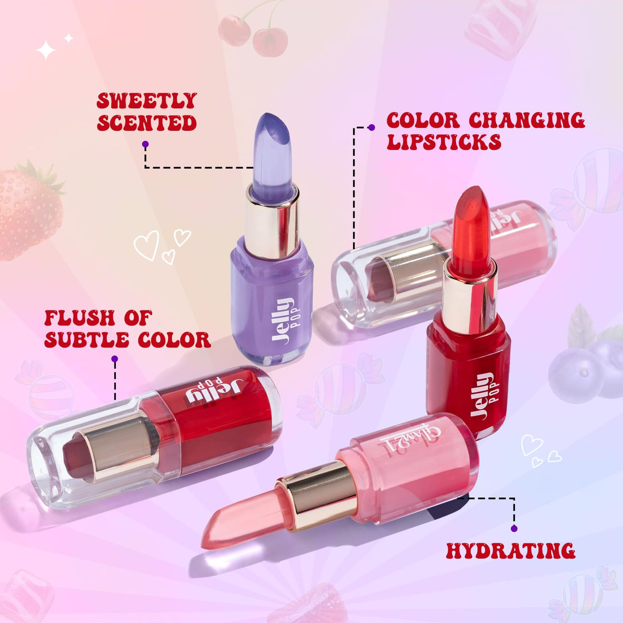 Glam 21 Jelly Pop Fruity Gel Lipstick| Moisturising | Glossy Finish | Gives A Natural Colour | Lightweight | Cranberry Pink, Strawberry Red & Blueberry Purple - Pack Of 3