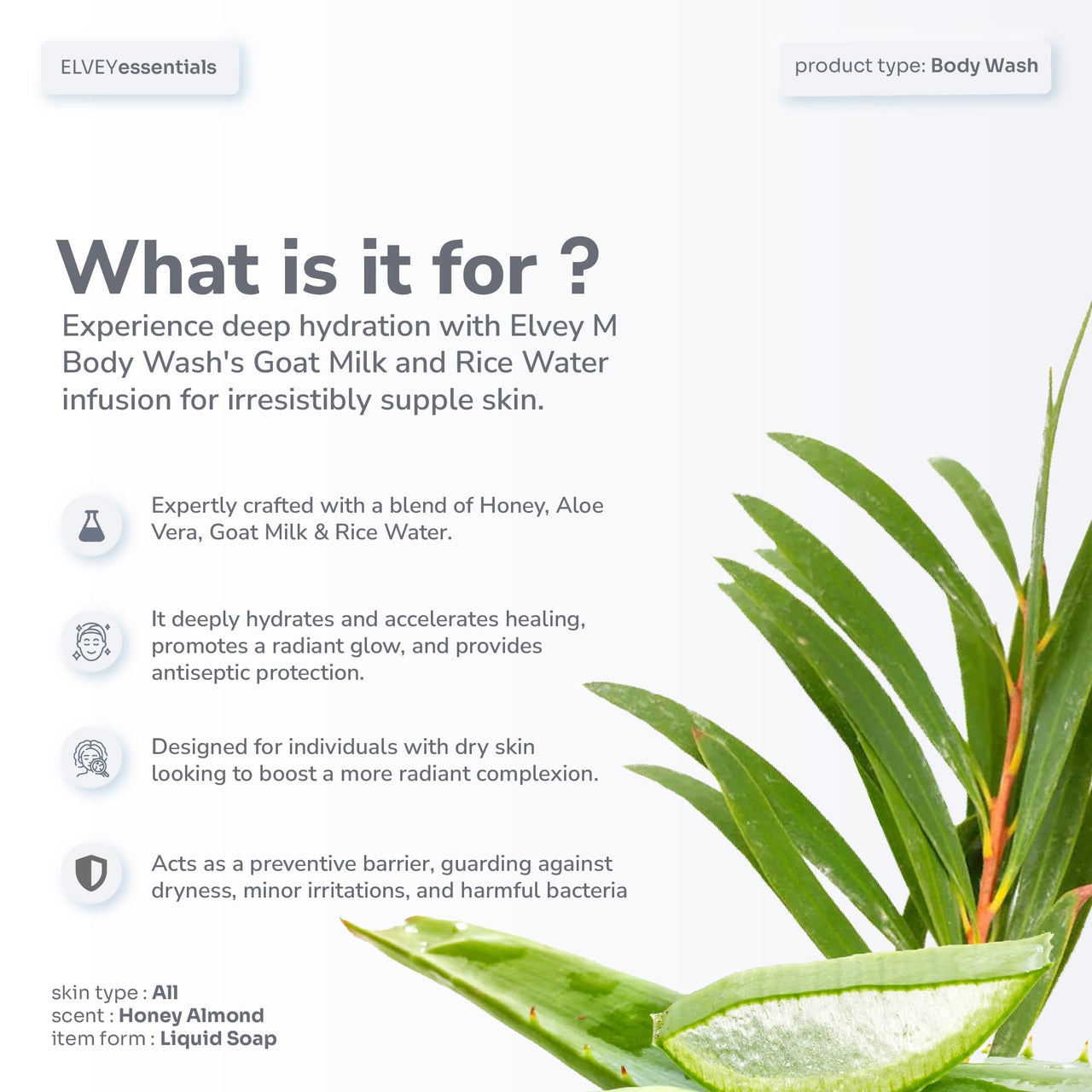 Elvey Essentials Intense Moisturizing Body Wash with Goat Milk, Honey, Rice Water & Aloe Vera for Nourished, Soft & Smoother Skin | Sulphate & Paraben Free (250ml)