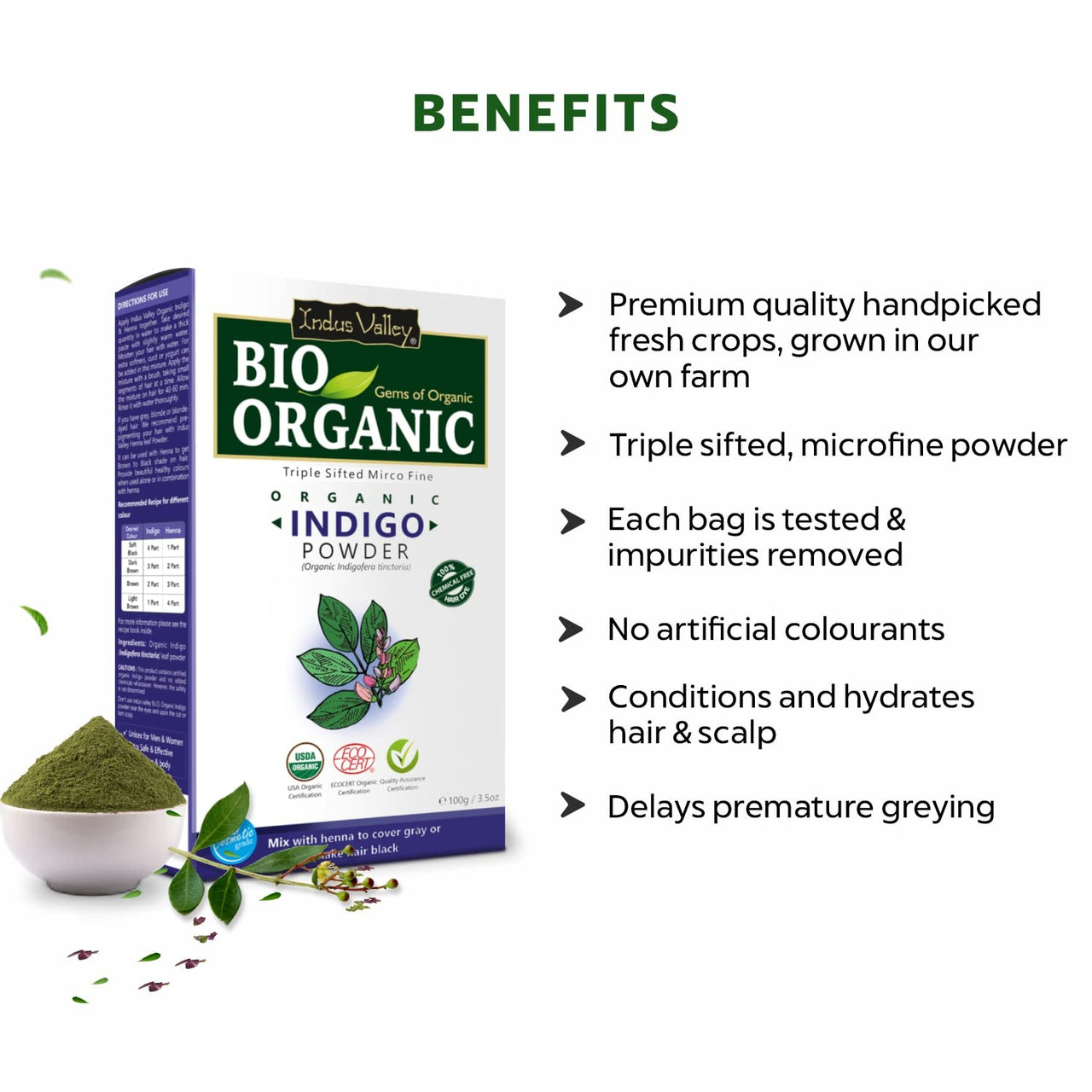 Indus Valley Bio Organic 100% Herbal Indigo Powder for Natural Hair Coloring, Organic Indigo Powder Protects hair from Damage - 100 gm Set of 3