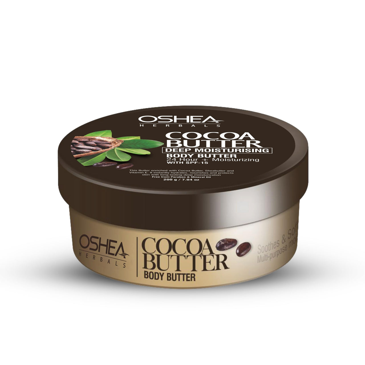 Oshea Herbals Cocoa Butter Deep Moisturising Body Butter for Dry to Normal Skin SPF 15 with 24+ Hrs Moisturizing | Enriched with Cocoa Butter, Shea Butter & Vitamin E | Paraben & Mineral Oil Free 200g