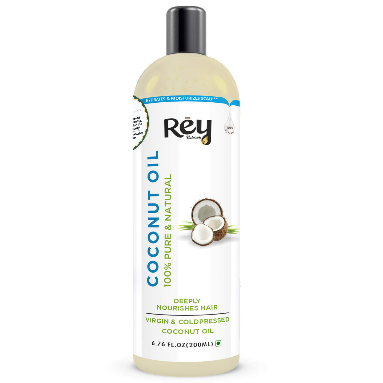 Rey Naturals Extra Virgin Cold Pressed Coconut Oil For Men & Women | Hair Oil For Strong Hair, Improved Scalp Condition | Ideal For All Type Skin & Hair Types - 200ml