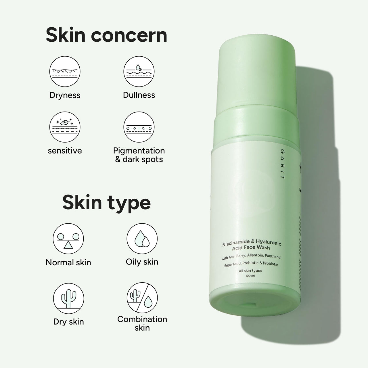 Gabit Niacinamide & Hyaluronic Acid Foaming Face Wash|Gently Cleanses, Non-Drying, Soothes|Vitamin B5, Acai Berry|Dry, Sensitive Skin Types|For Men & Women |Sulphate & Soap Free |100Ml, 50 SPF