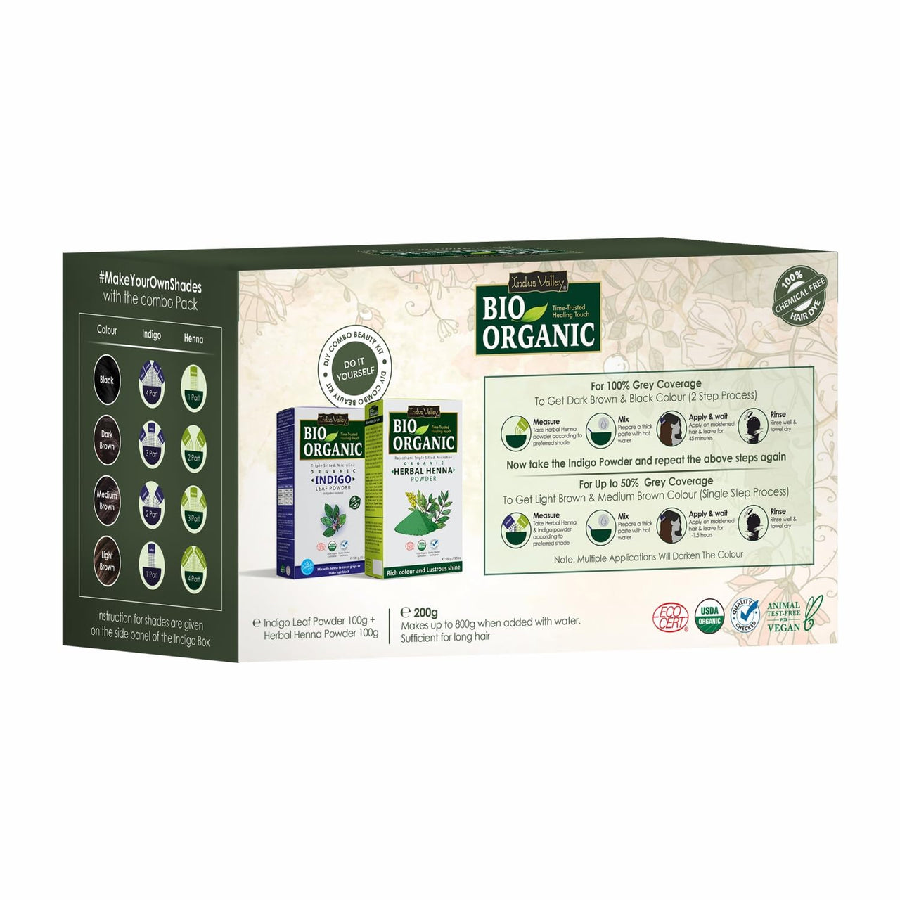 INDUS VALLEY Bio Organic 100% Pure and Natural Indigo Powder and Herbal Henna Powder Combo (100gm Each) fo Hair Colour