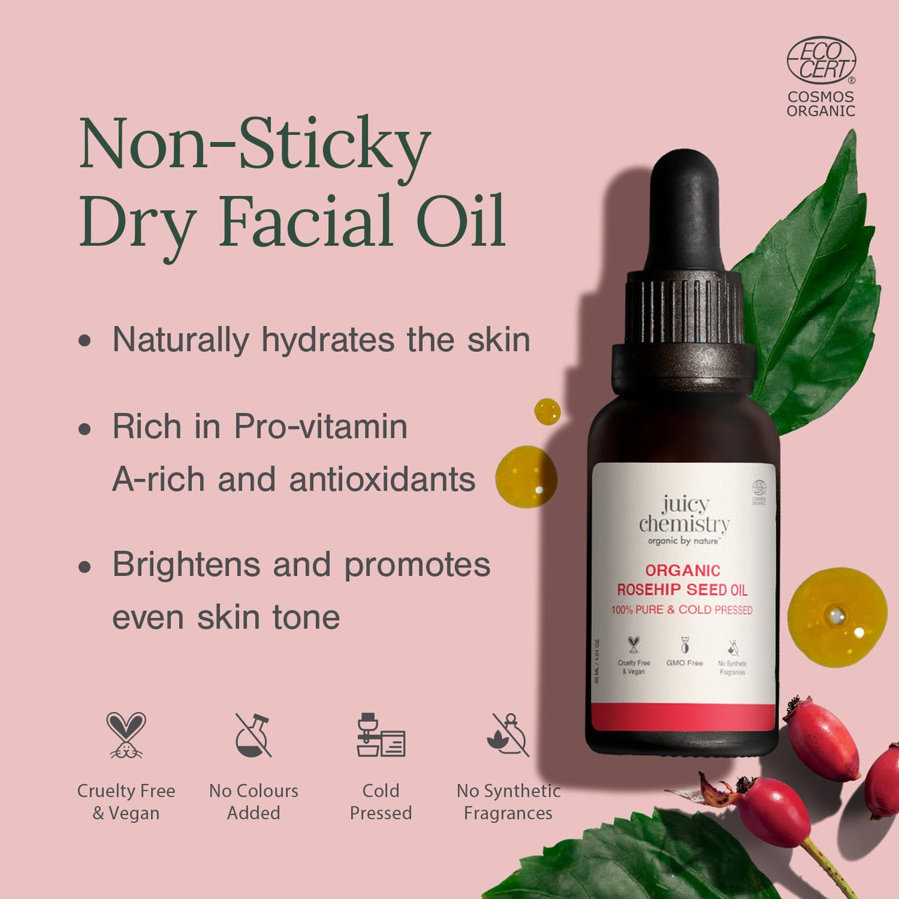 Juicy Chemistry Organic Rosehip Oil for Skin, Face & Hair 30 ml | Cold Pressed & Therapeutic Grade Carrier Oil for Face Massage, Makeup Prep, Scars, Cuticles, Stretch Marks, Fine Lines & Wrinkles