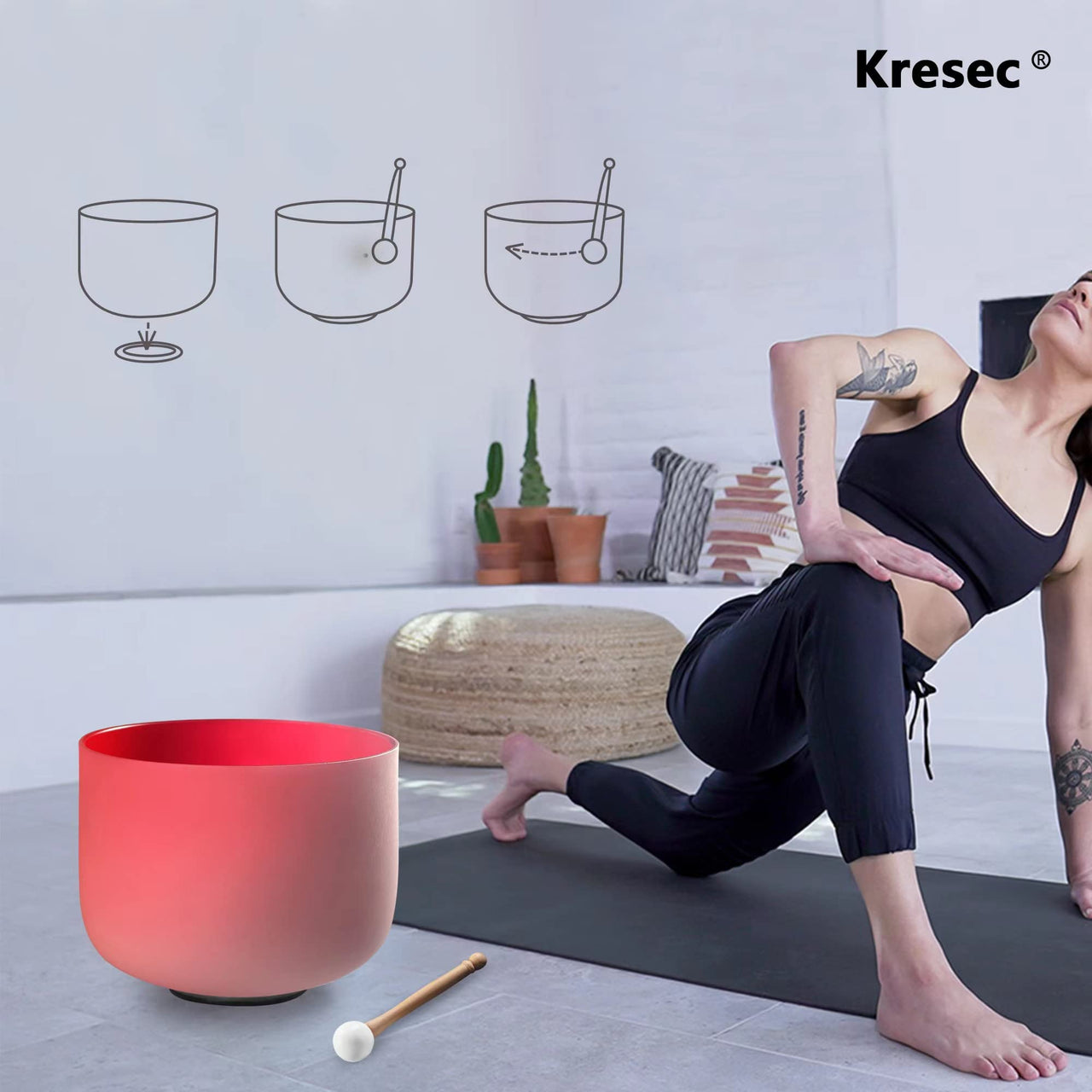 Kresec Red 8 Inch Crystal Singing Bowl C Note (¡À40 cents) Root Chakra with O-ring and Mallet for Meditation, Yoga, Spiritual and Body Healing and Energy Cleansing Red C Note