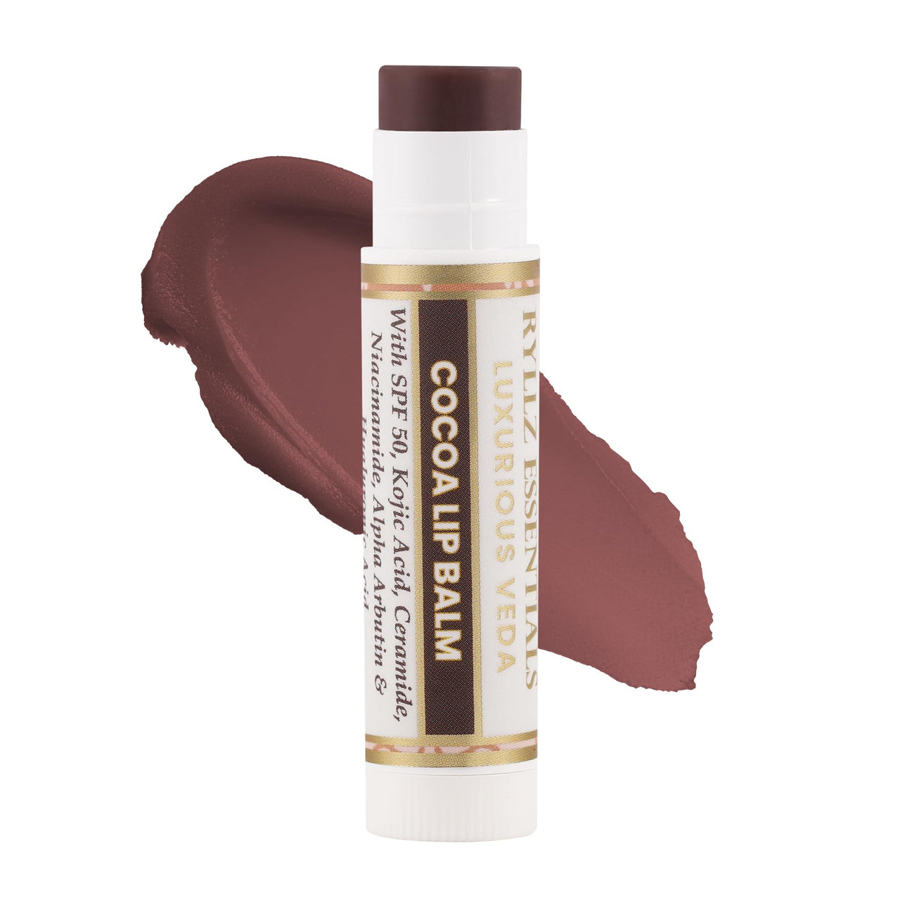 RYLLZ ESSENTIALS Cocoa Lip Balm | SPF 50 PA+++ | With Shea Butter, Kojic Acid, Ceramide, Niacinamide, Alpha Arbutin & Hyaluronic Acid | Brown Tint | For Lip Lightening & Moisturized Lips | 5 Gm