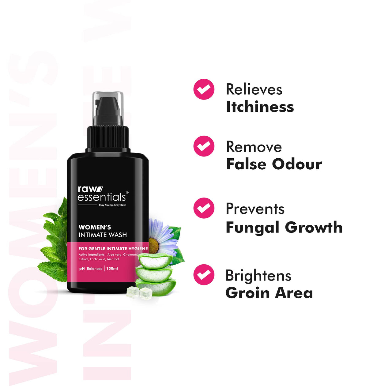 Raw Essentials Intimate Wash For Women 150 ml - For Gentle Intimate Hygiene | Removes Odour | Lightens Inner Thighs | Balances pH Level | SLS & Paraben Free | Natural Active Ingredients