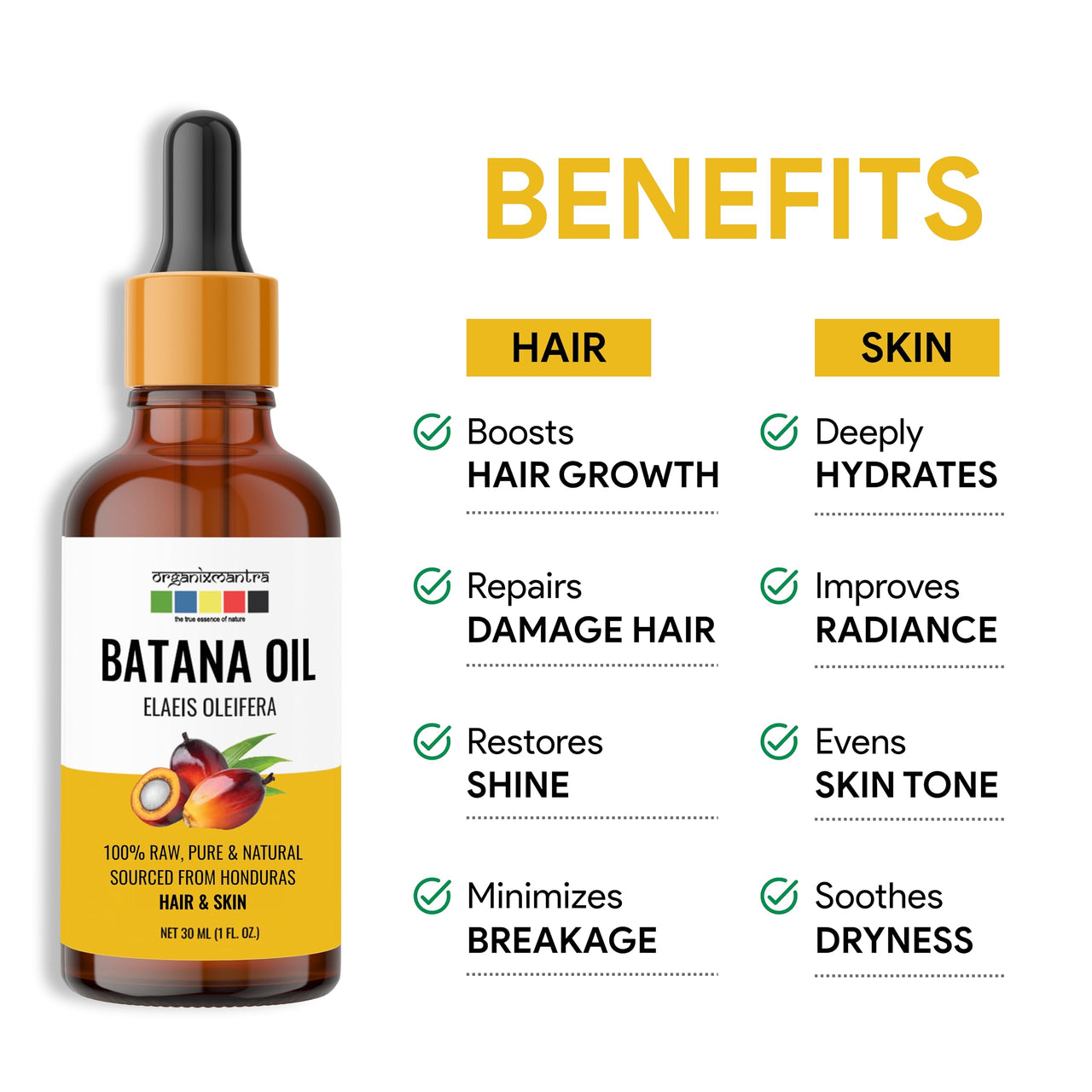 Organix Mantra Batana Oil for Hair & Skin | 100% Pure, Unrefined, Cold Pressed Oil from Honduras | Promotes Hair Growth, Nourishes Scalp & Skin | Natural Moisturizer – 30ML