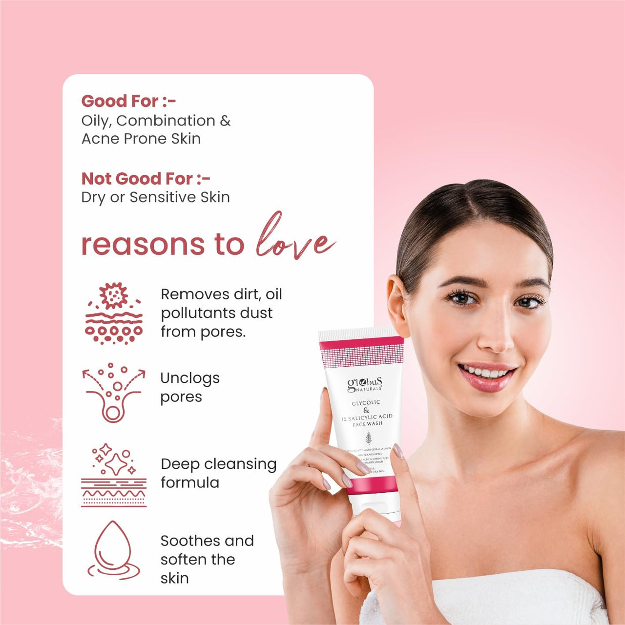 Globus Naturals Glycolic & 1% Salicylic Acid Herbal Anti Acne Face Gel, Enriched with Liquorice & Oats, Anti Acne & Oil Control, Reduces Dark spots & Hyperpigmentation,100 ml Pack Of 3