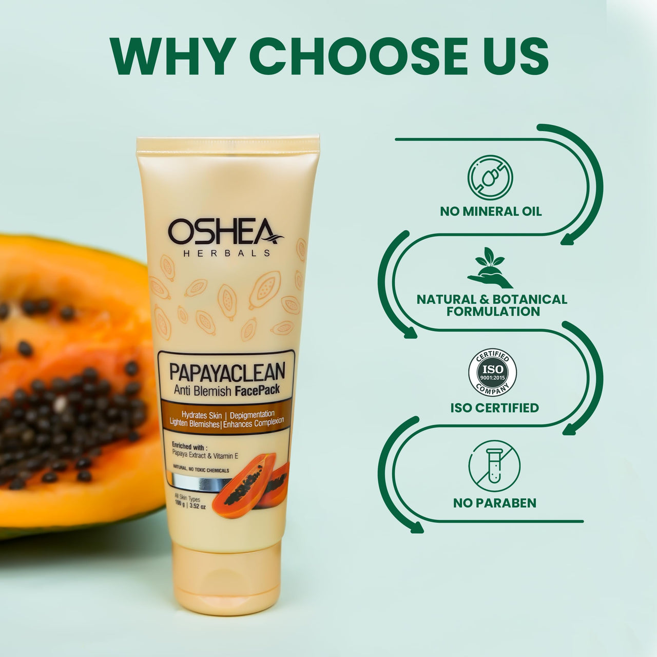 Oshea Herbals Papayaclean Anti Blemish Face Pack for All Skin Types | Hydrates Skin & Lightens Blemishes | Enriched with Papaya Extract & Vitamin E - 100g