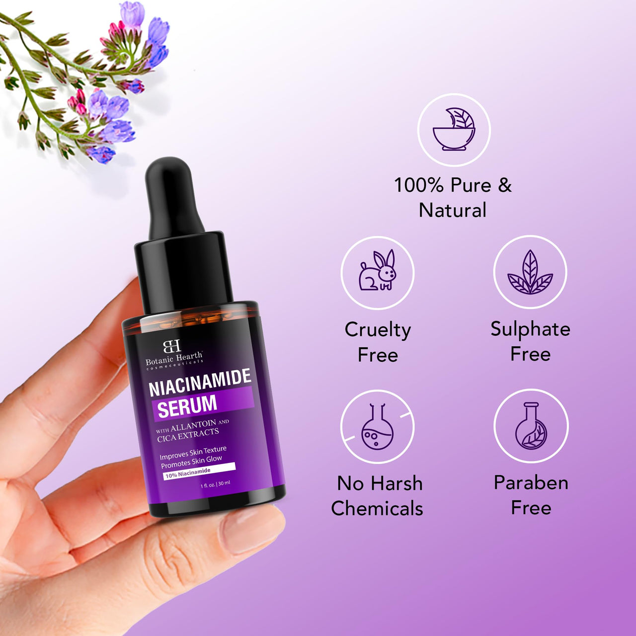 Botanic Hearth 10% Niacinamide Face Serum 30 ml with Allantoin, Zinc PCA, Cica & Hyaluronic Acid | Minimize Pores, Correct Dark Spots, Even Skin Tone | All Skin Types | For Women & Men
