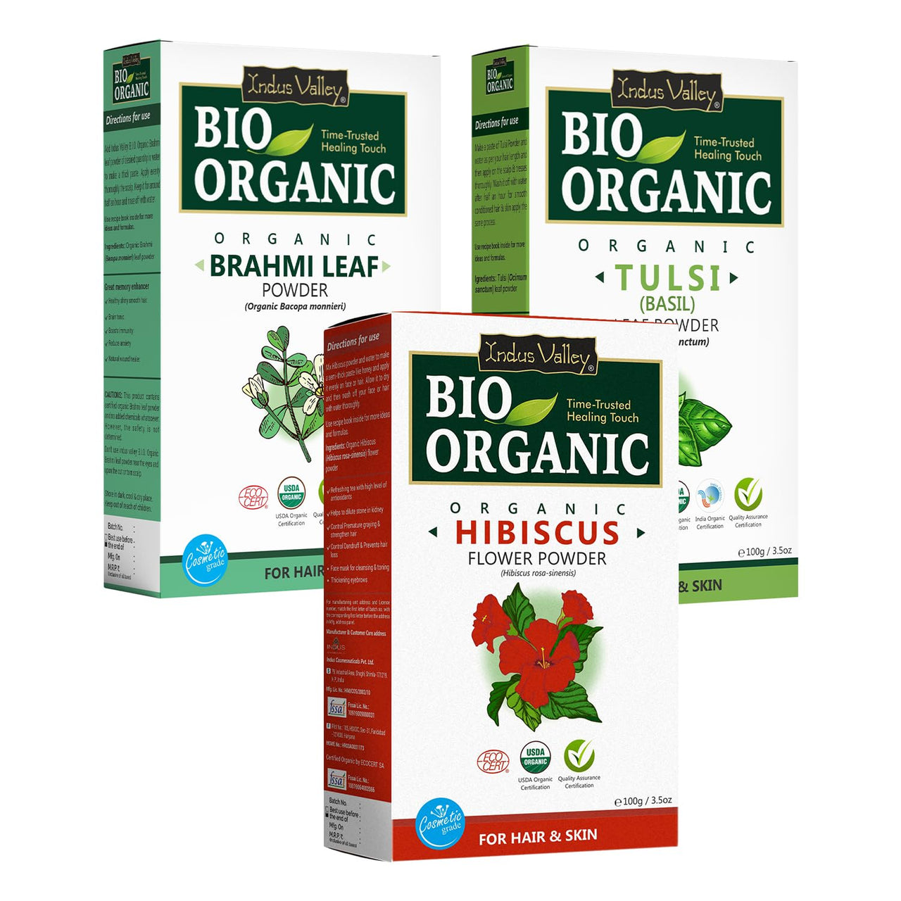 INDUS VALLEY Organic Hibiscus Powder For Hair Care (Hibiscus + Brahmi + Tulsi Powder) -100g *3= 300g