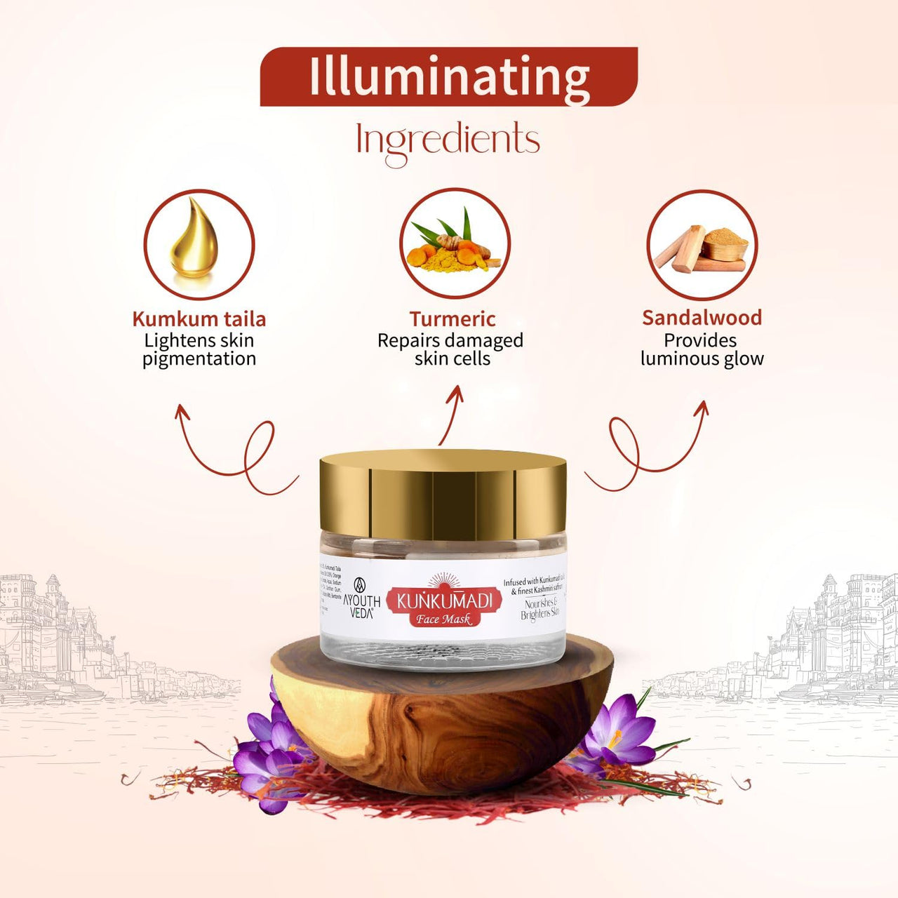 Ayouthveda Kunkumadi Face Mask | Infused with Kumkumadi Taila, Sandalwood, Turmeric & Finest Kashmiri Saffron | Helps to Tighten Pores & Boost Skin Radiance (Pack Of 1-50gm)