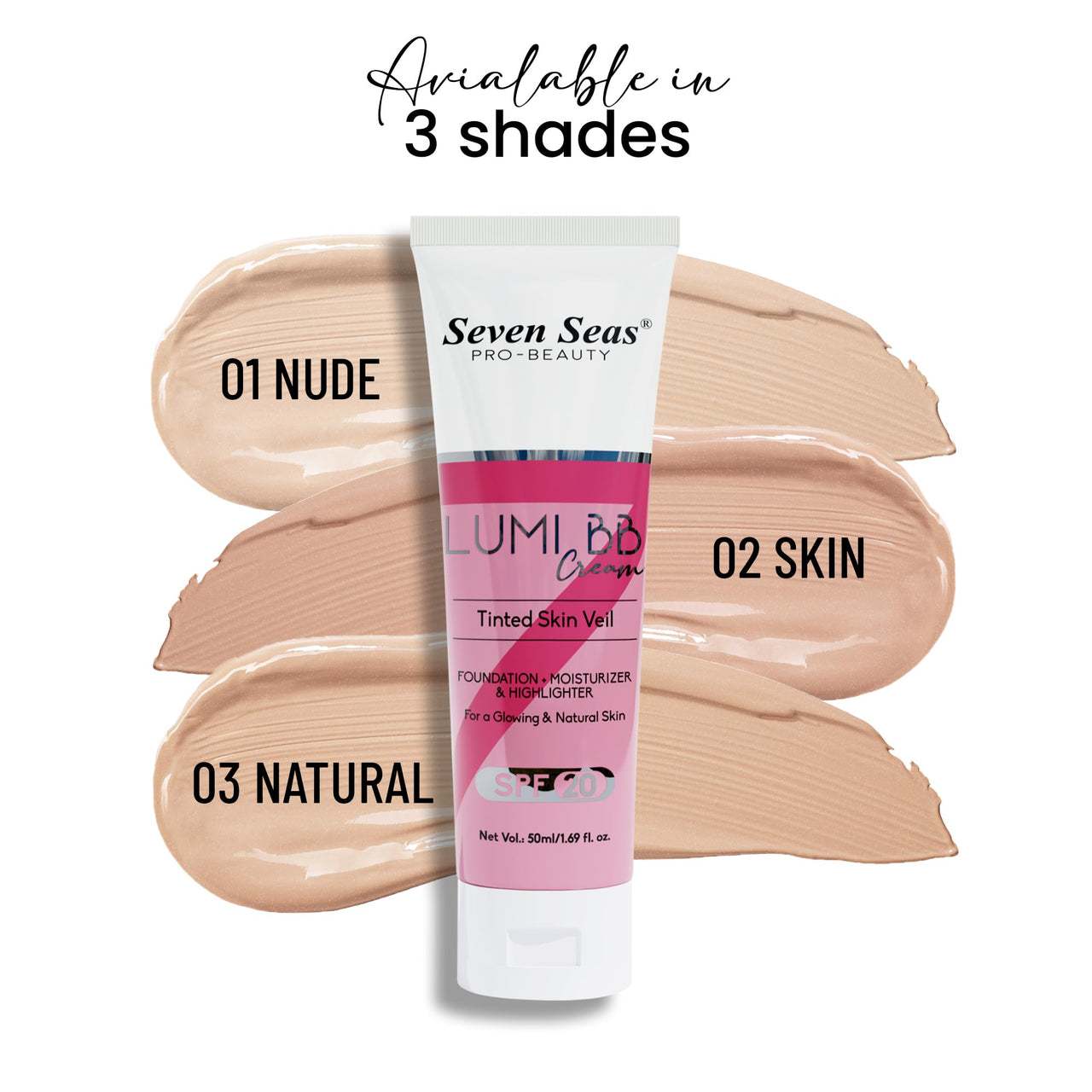 Seven Seas Lumi BB Cream, Tinted Skin Veil Foundation with SPF-20, Foundation + Moisturizer + Highlighter, 50ml (01-Nude, 50ml)
