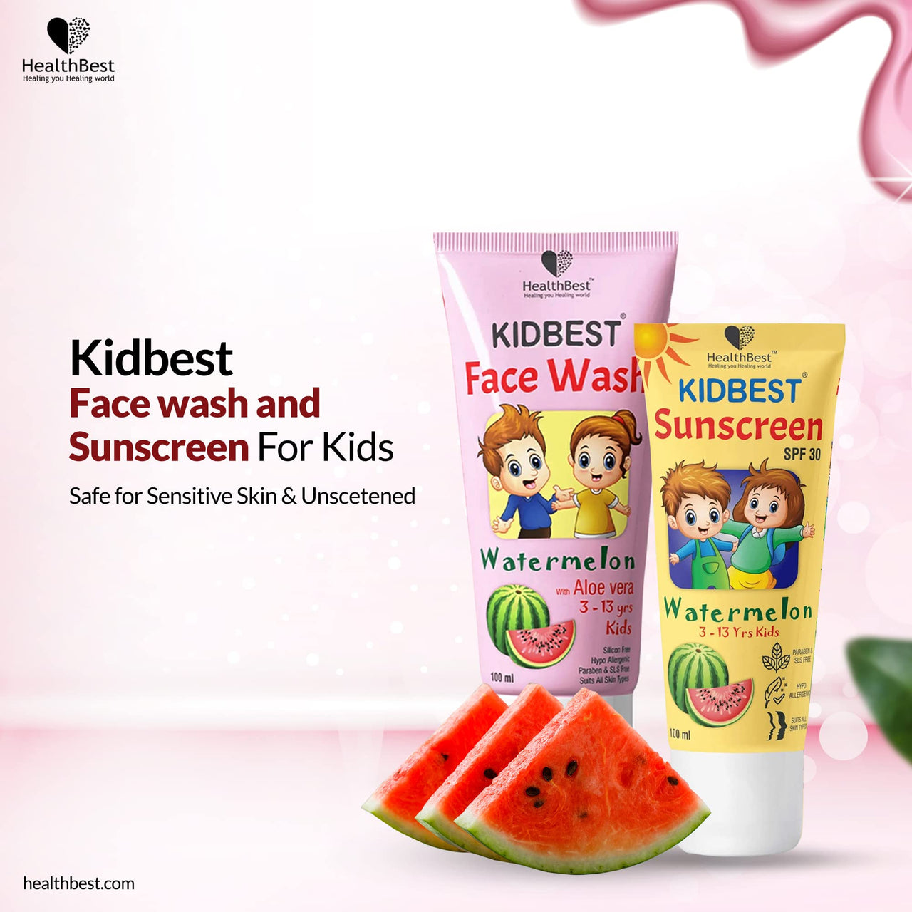 HealthBest Kids Multivitamin Sunscreen Face Wash Combo - SPF 30, 100ml, Watermelon Extracts - Gentle, Organic, Tear-Free, Paraben-Free for Sensitive Skin, Daily Care for All Types