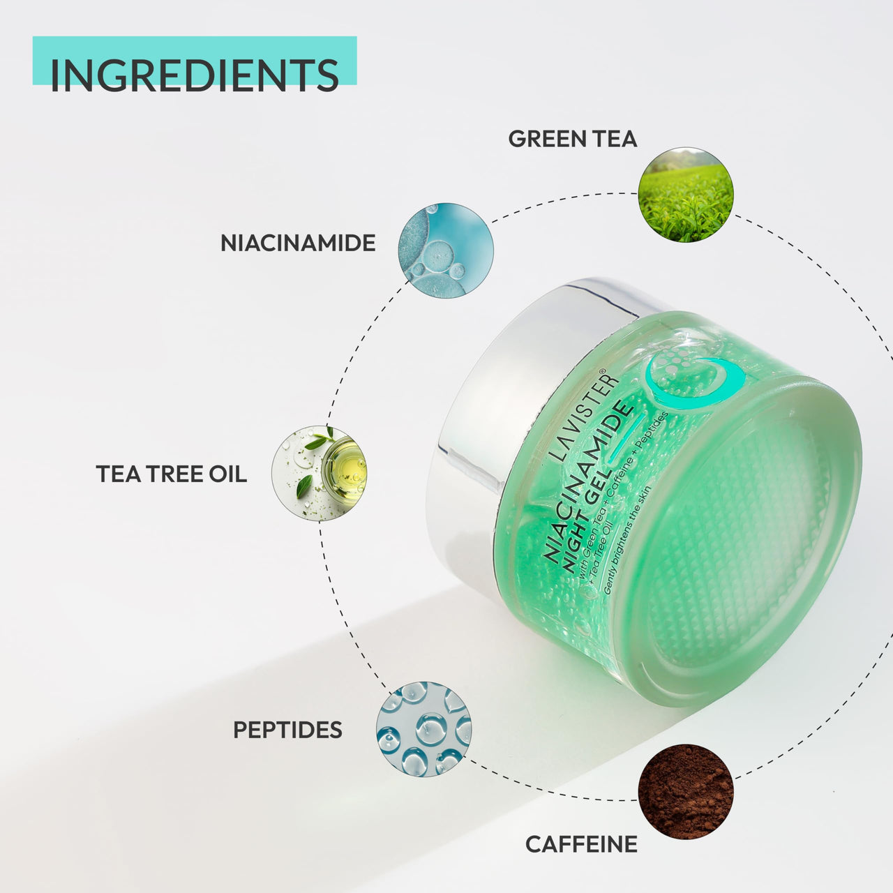 LAVISTER Niacinamide Night Gel for Acne Prone Skin With Peptides, Green Tea, Caffeine,Niacinamides, Tea Tree Oil | Fades Dark Spots, Acne Scars| Improves Skin Hydration| Suitable for All Skin Types | 50g