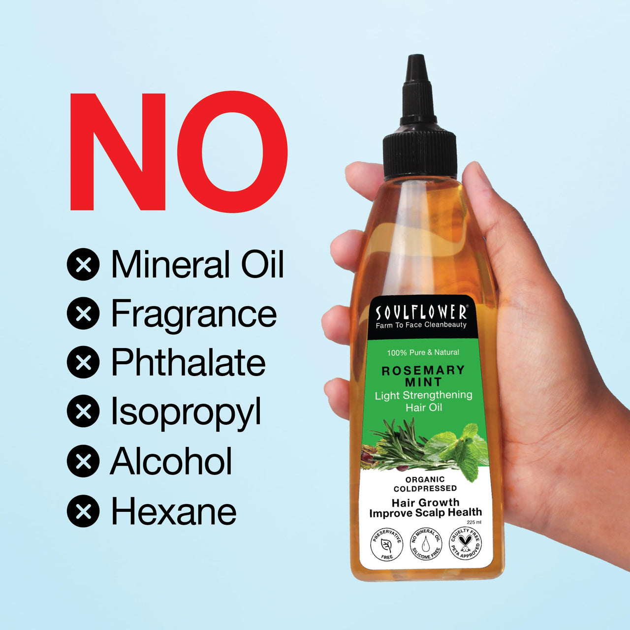 Soulflower Rosemary Mint Light Hair Oil | Hair Growth, Hair Fall Control, Dandruff & Split Ends | With Amla, Argan, Castor | Cooling Scalp Oil for Men & Women | 100% Natural & Organic | 225ml