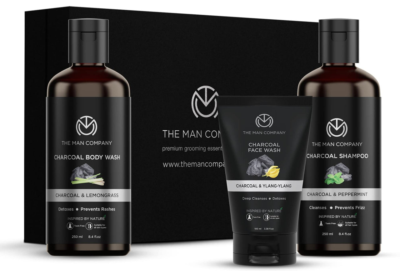 The Man Company Charcoal Care Trio Gift Set| Charcoal Shampoo 250ml, Charcoal Face Wash 100ml, Charcoal Body Wash 250ml | Hair Growth, Detox Skin, Removes Toxins, Antioxidant