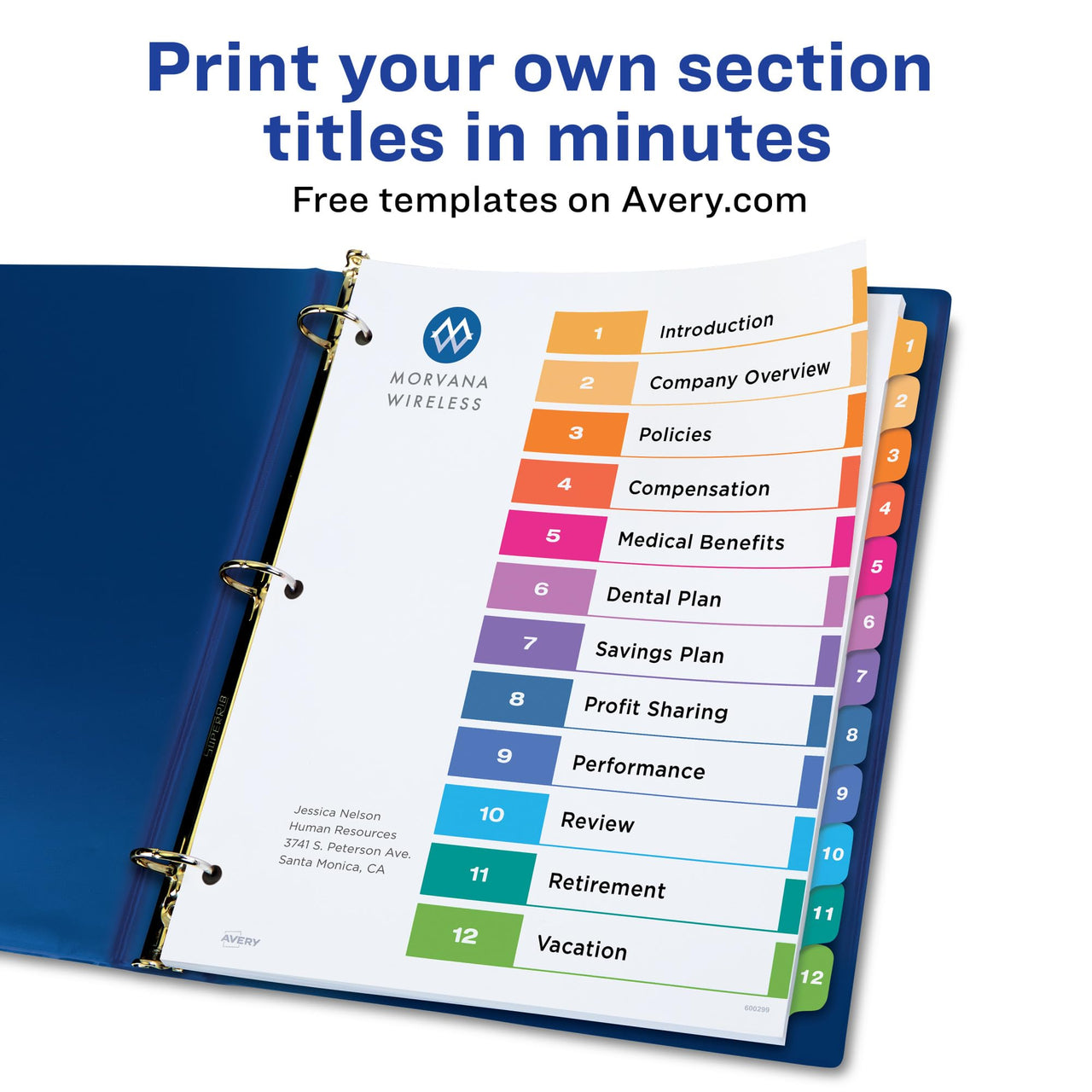 Avery 12 Tab Dividers for 3 Ring Binders, Customizable Table of Contents, Multicolor Tabs, 1 Set (11141) 12 tabs