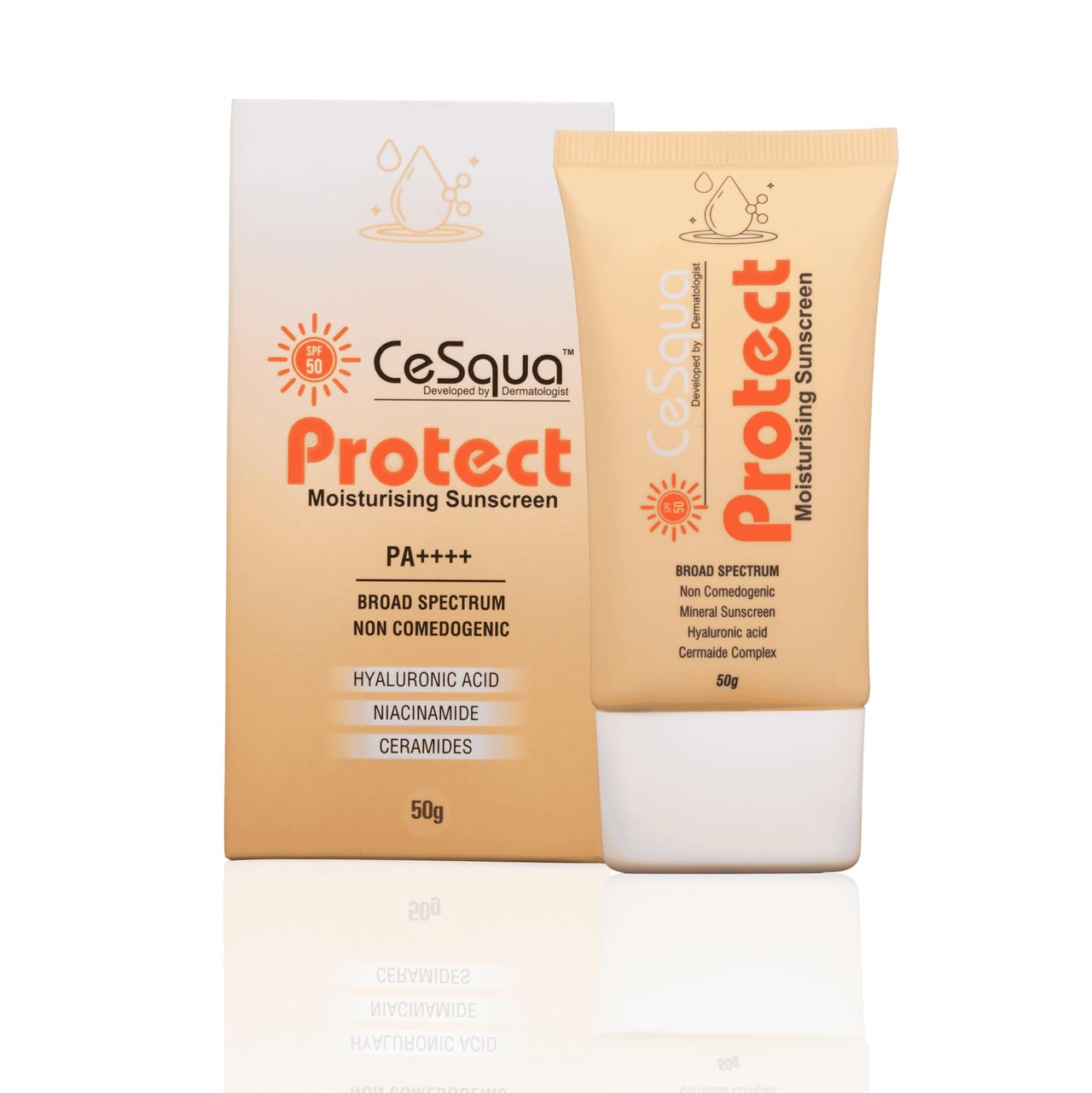 CeSqua Protect Hyaluronic Acid Sunscreen SPF 50+ PA++++ | UVA/ UVB & Blue Light Protection | Lightweight, Fast Absorbing, No White Cast | for Women & Men | for all skin types – Normal, Oily, Dry, Combination, Acne-Prone Skin, 50g