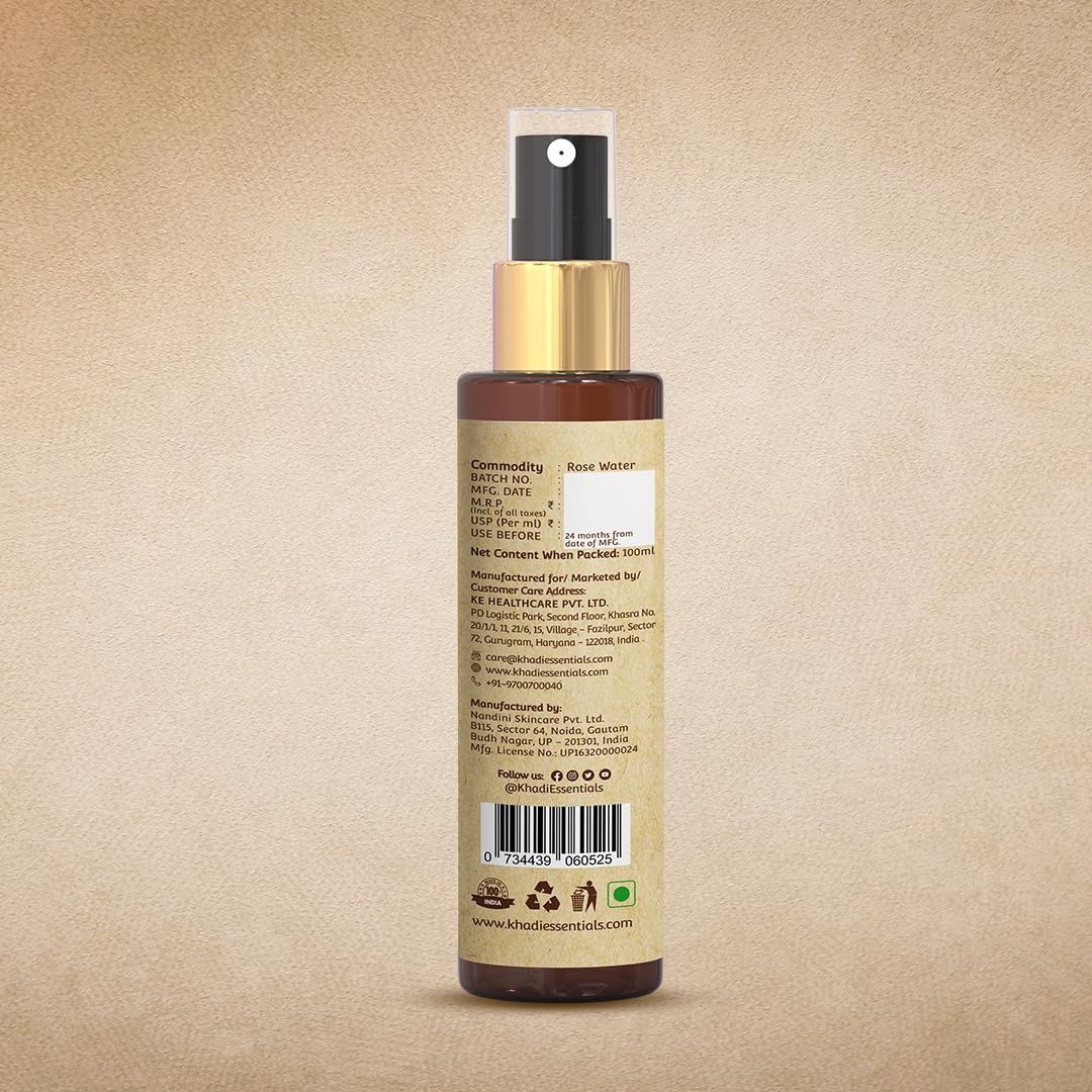 Khadi Essentials Luxurious Ayurvedic Pure Rose Face Mist, A Toner that's all Rose Oil & Purified Water Perfect For Dry Skin, Enhances Glow, Makeup Remover, 100ml Pure Chemical Free Face Mizzle