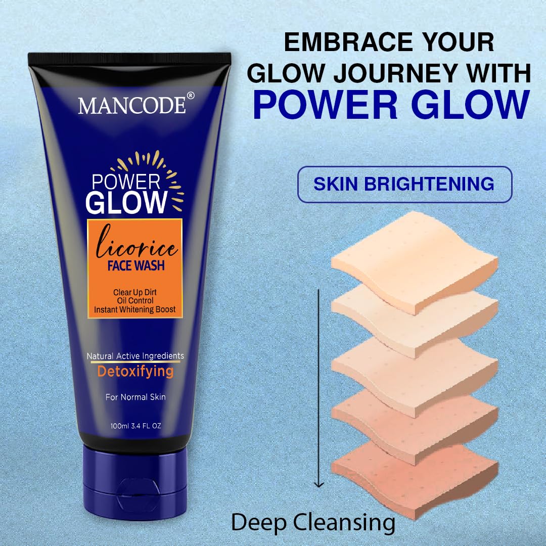 MANCODE Power Glow Face Wash for Men with licorice extract, Best Oil Control Face Wash for Men, Ideal for All Skin, Deep Skin Cleansing, Instant Whitening Boost, Suitable For all Skin Type (100 ML)