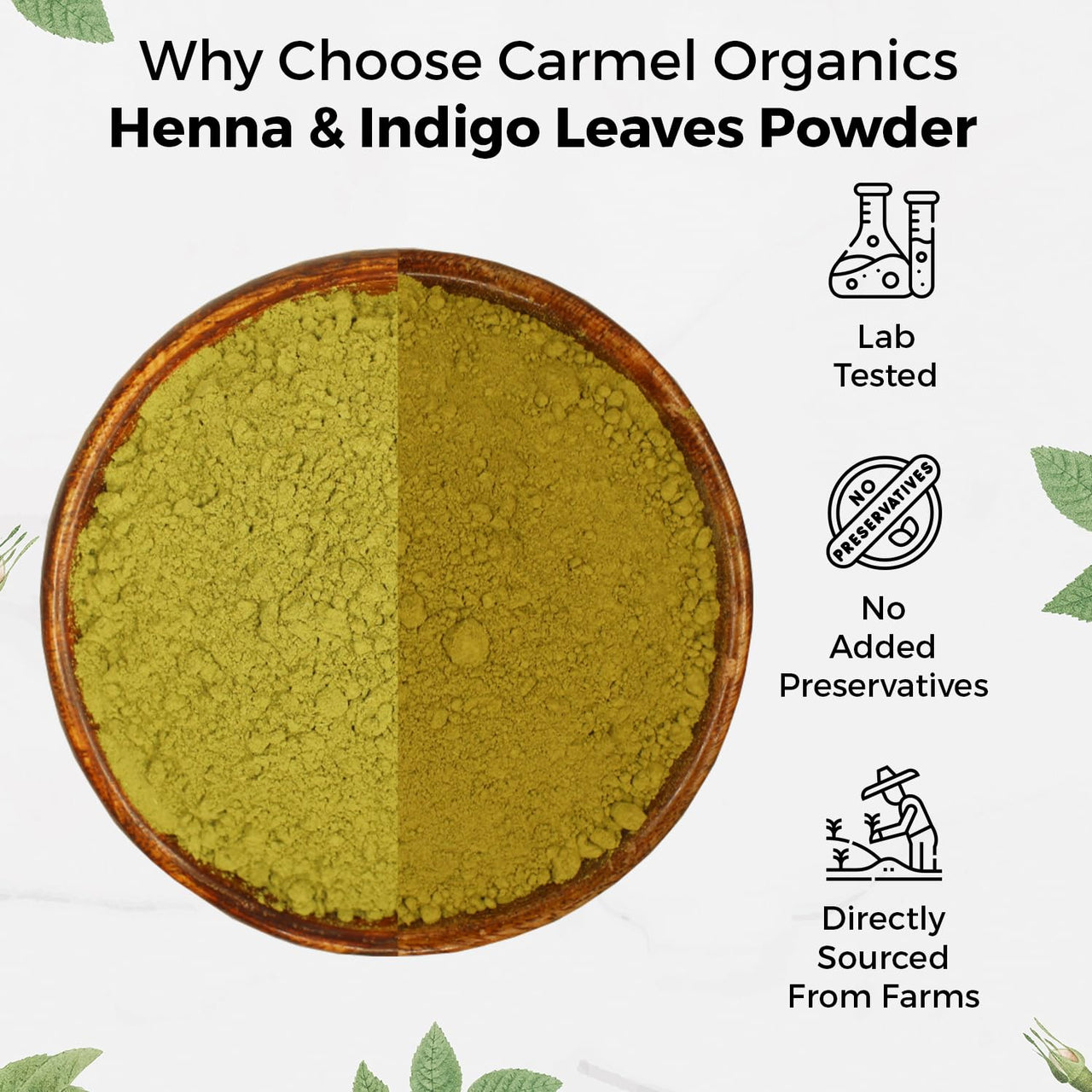 CARMEL ORGANICS Hair Color Henna & Indigo Leaves Powder Combo (100gm Each) | No Added Preservative and Additives | Non-GMO | Made By Pure And Natural Dried Leaves