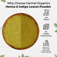 CARMEL ORGANICS Hair Color Henna & Indigo Leaves Powder Combo (100gm Each) | No Added Preservative and Additives | Non-GMO | Made By Pure And Natural Dried Leaves