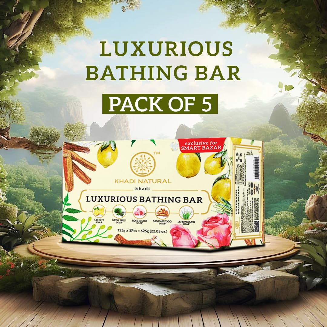 Khadi Natural Luxurious Bathing Bar Pack | Glycerine Soaps | Contains Natural Essential Oils | Promotes Moisturizing & Cleansing | Refreshes Skin | Suitable for All Skin Types | Pack of 5- (125gm*5) (625gm)