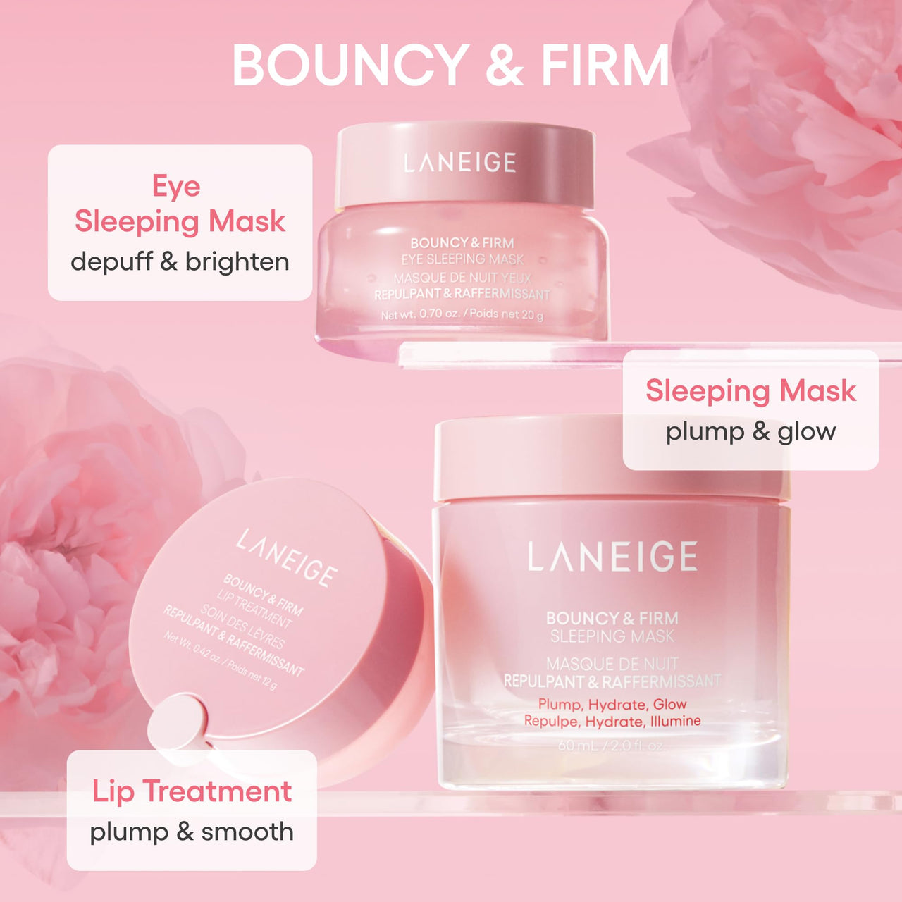 LANEIGE Bouncy & Firm Plump, Firm and Glow Set of 3 includes Eye Sleeping Mask 20G, Face Sleeping Mask 10ML and Lip Treatment Balm 2G with Pouch