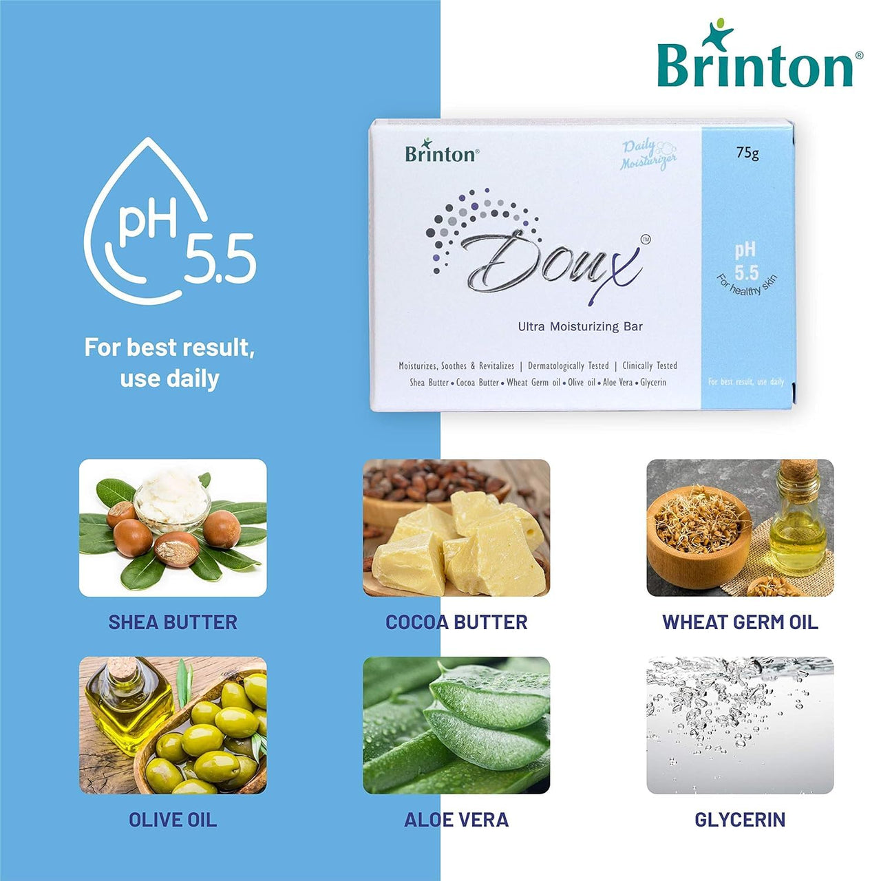 Brinton DOUX Daily Ultra Moisturizer Soap Bar with pH 5.5, 75g x Pack of 3