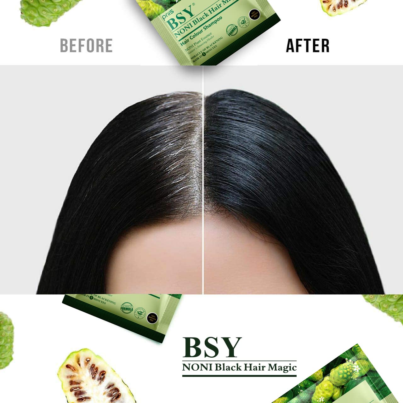 BSY Noni Black Hair Magic Hair color shampoo (12ml x 12 Sachets) | Ammonia Free Hair Color Shampoo for men| Natural Black Permanent Hair Dye Shampoo for women | Noni Fruit Hair Dye | 5 Minutes Hair Colour | Hair Coloring Shampoo | Easy to use Hair Color S